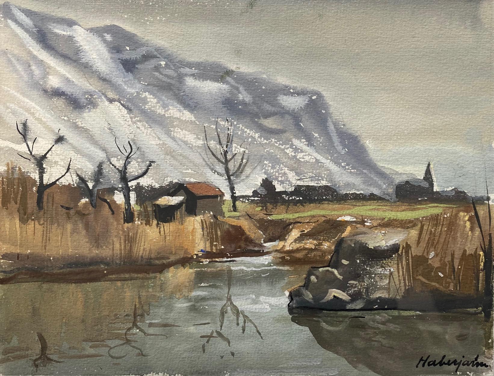Gabriel Eduard Haberjahn Landscape Painting - River and snowy mountains by G. E. Haberjahn - Watercolor on paper 16x21 cm