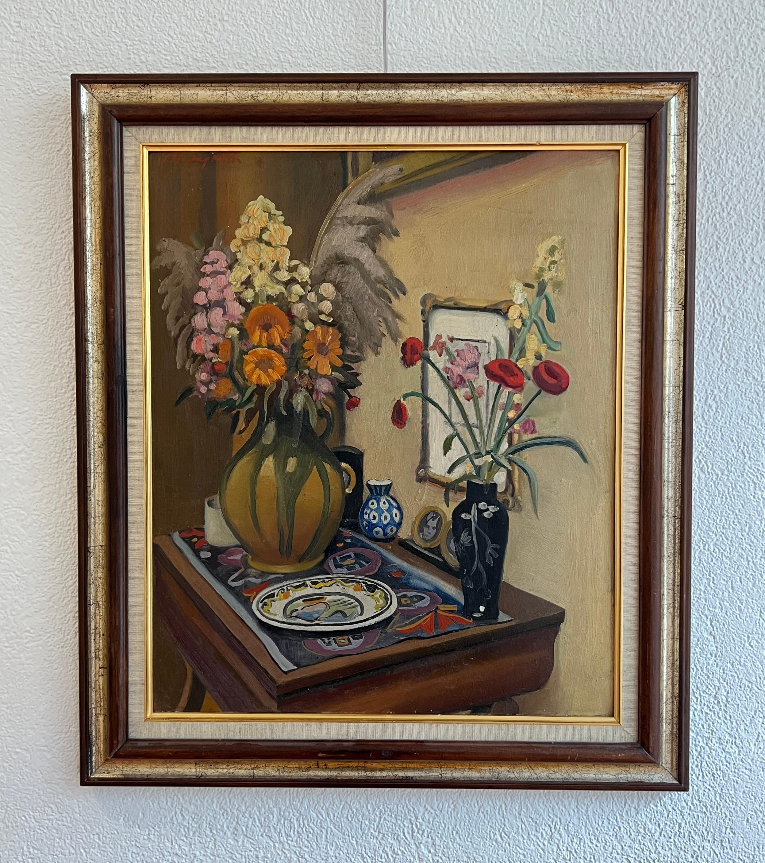 Still life with flowers and pottery - Painting by Gabriel Eduard Haberjahn
