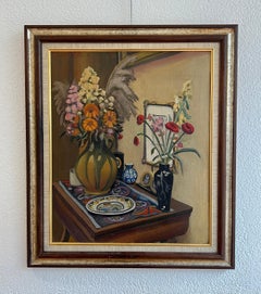 Still Life with Flowers and Pottery, Oil on Cardboard, 1920s, Unframed