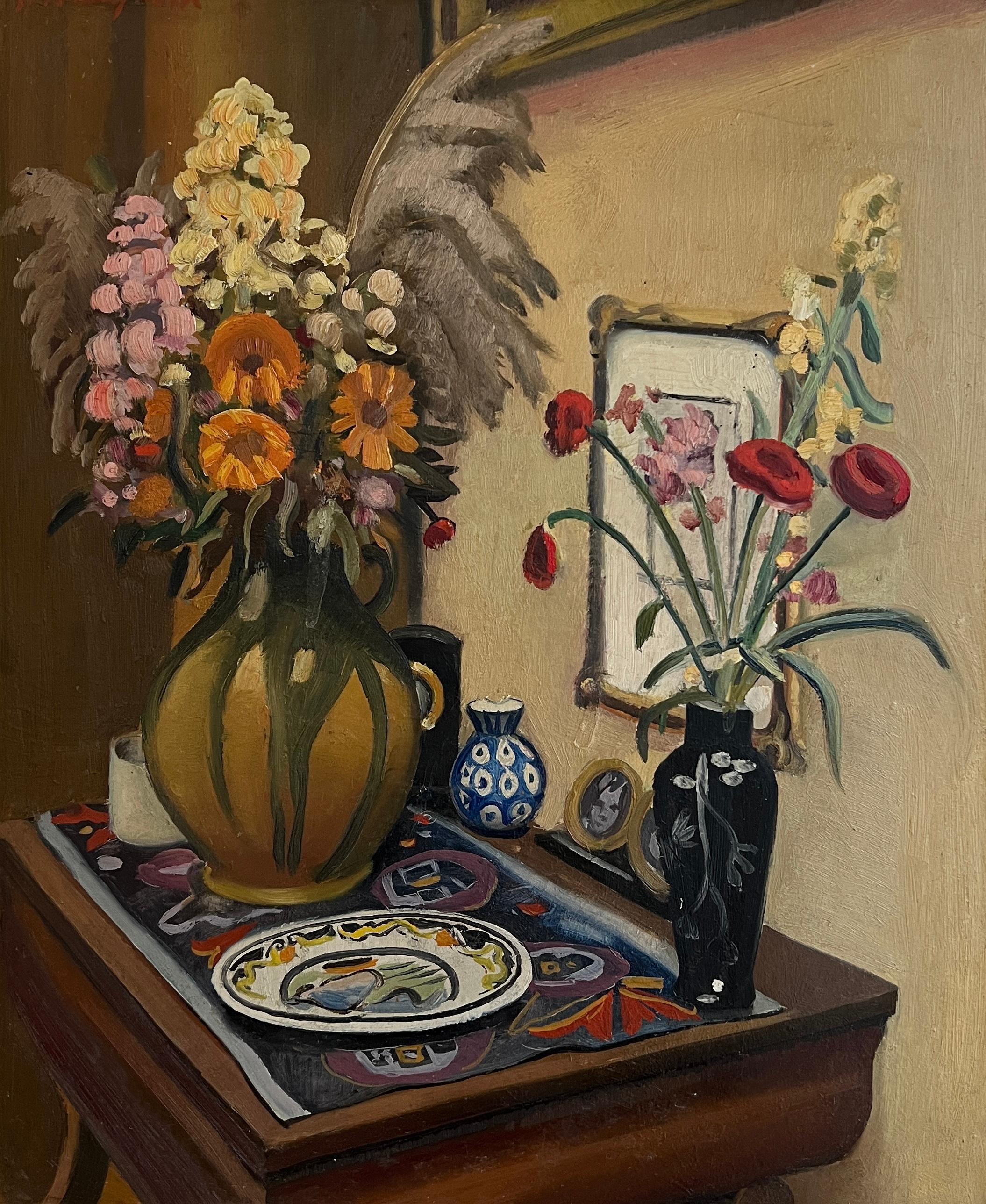 Gabriel Eduard Haberjahn Still-Life Painting - Still life with flowers and pottery