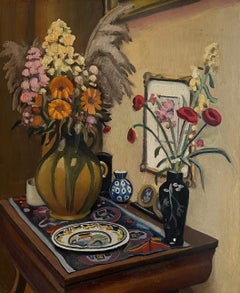Antique Still life with flowers and pottery