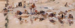 A stunning French Impressionist painting, washerwomen by a river, pastel colours