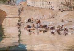 A stunning French Impressionist painting, washerwomen by a river, pastel colours
