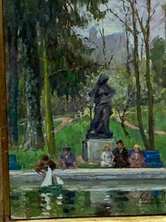 Impressionist French landscape, children playing in a park with pond yachts.