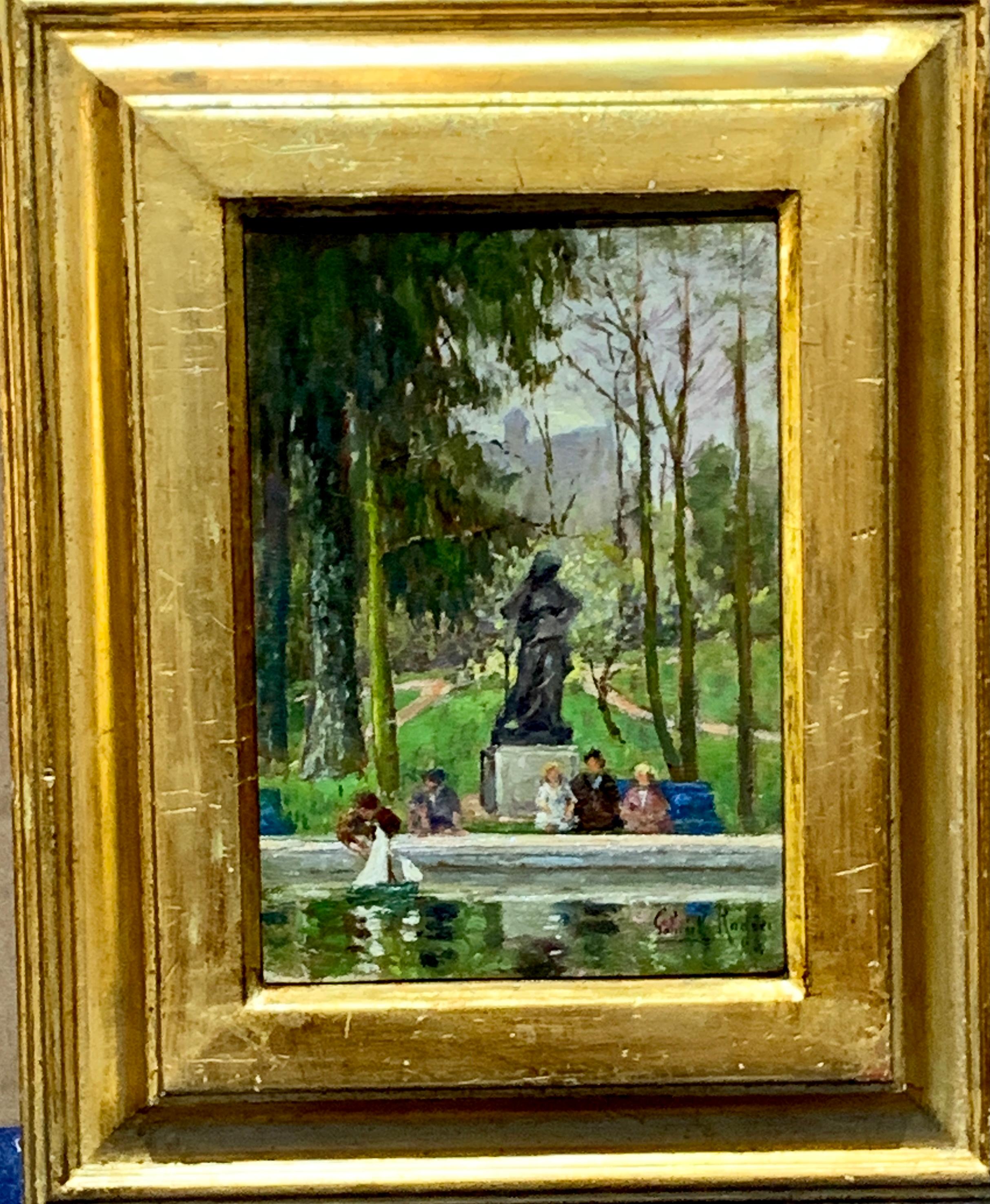 Gabriel Firmin Rogier Landscape Painting - Impressionist French landscape, children playing in a park with pond yachts.