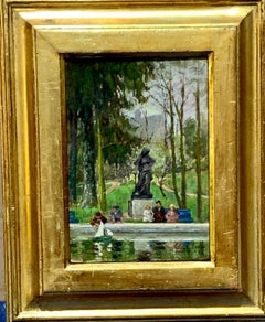 Impressionist French landscape, children playing in a park with pond yachts.
