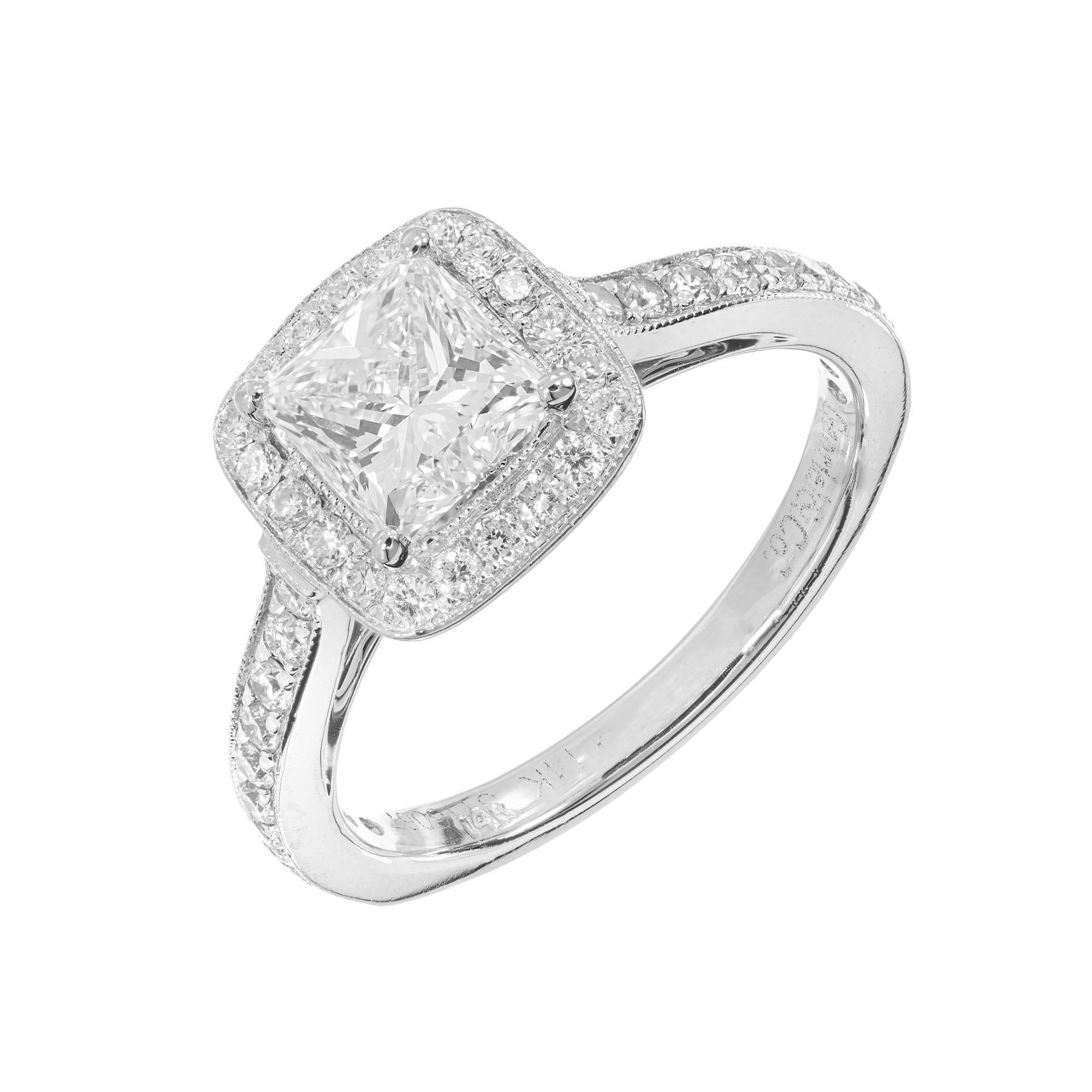 Gabriel style S116067 diamond halo engagement ring. GIA certified princess cut center stone with a halo of round diamonds in a 14k white gold setting with round diamonds along the shank.   

1 Princess cut diamond, approx. total weight 1.00cts, H,