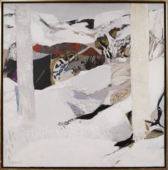 Ancienne peinture à l'huile moderniste française de paysage abstrait d'hiver exposée et signée