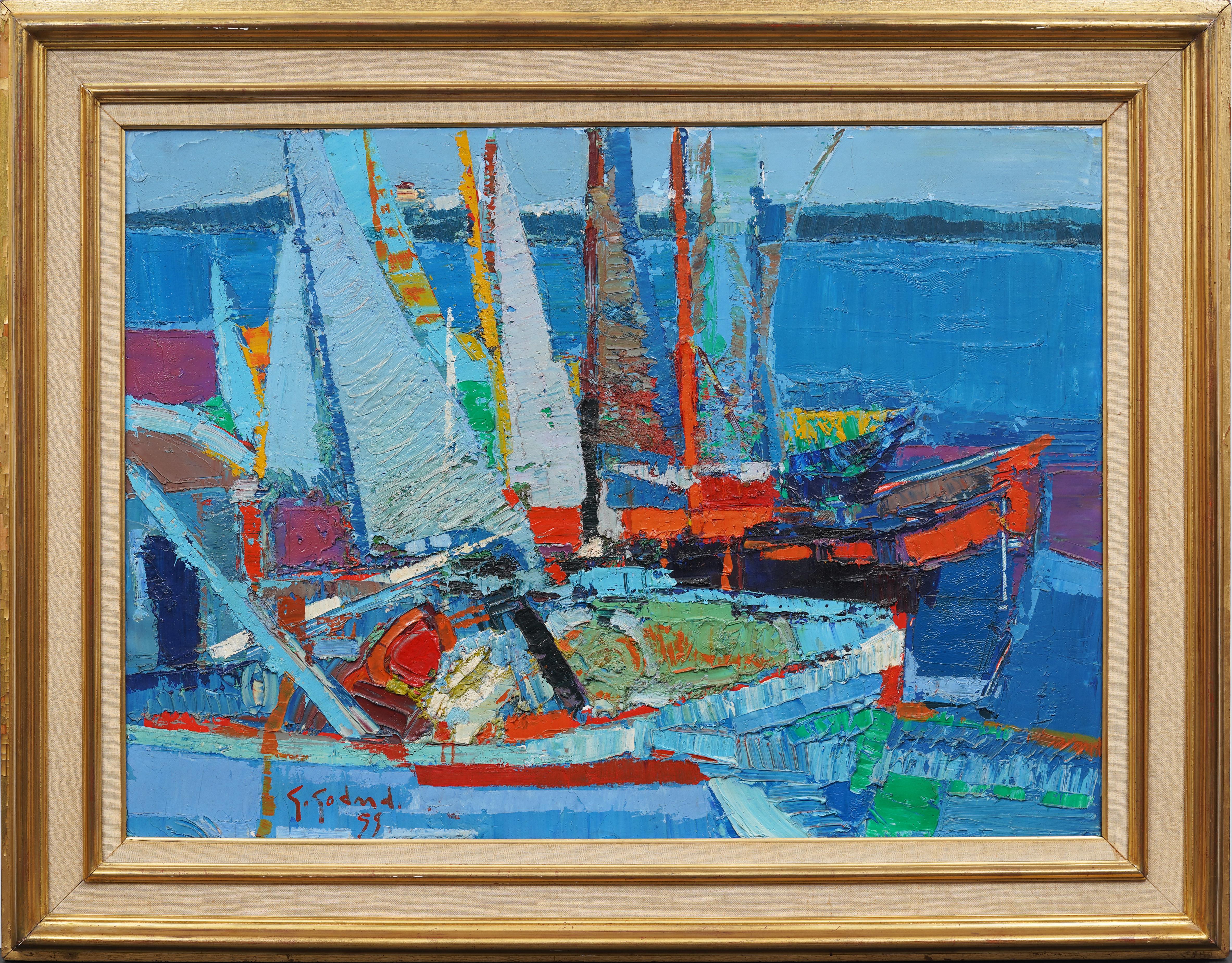 Antique French Riviera Modernist Mediterranean Seascape Signed Boat Oil Painting - Gray Landscape Painting by Gabriel Godard