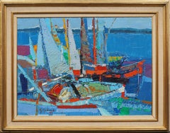 Antique French Riviera Modernist Mediterranean Seascape Signed Boat Oil Painting