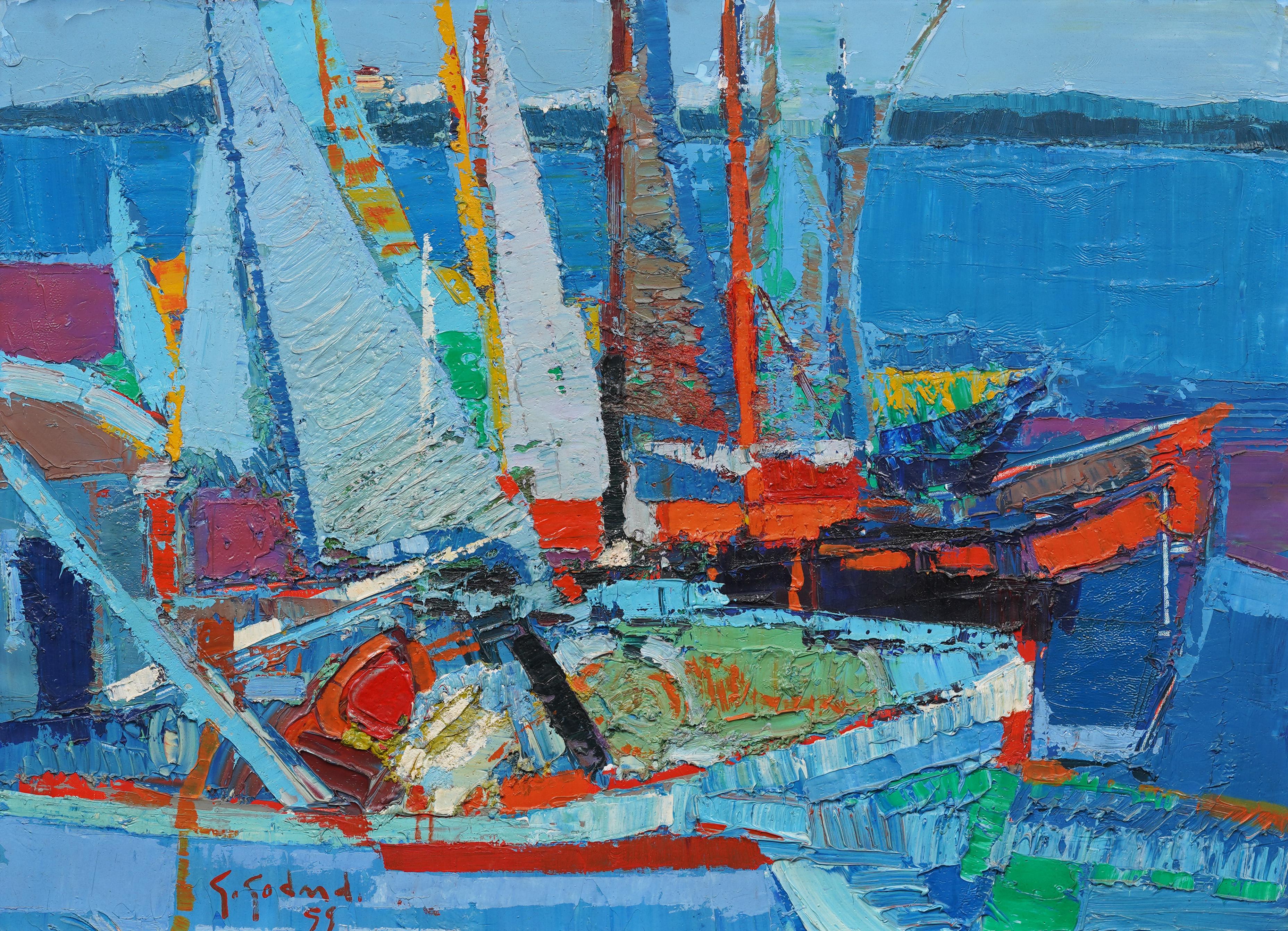 Vintage signed modernist seascape painting by Gabriel Godard (Born 1933). 
 Oil on canvas.  Framed.  Signed.  Housed in a wide giltwood frame.  Thick impasto and wonderful colors.  In excellent condition, ready to hang!