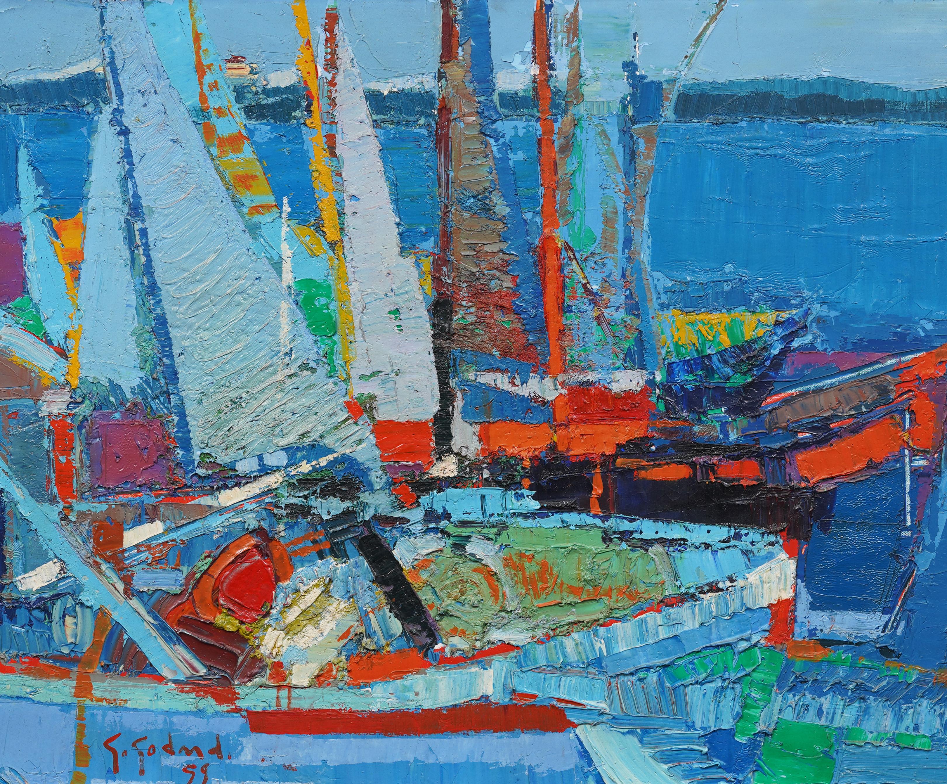 Antique French Riviera Modernist Mediterranean Seascape Signed Boat Oil Painting For Sale 1