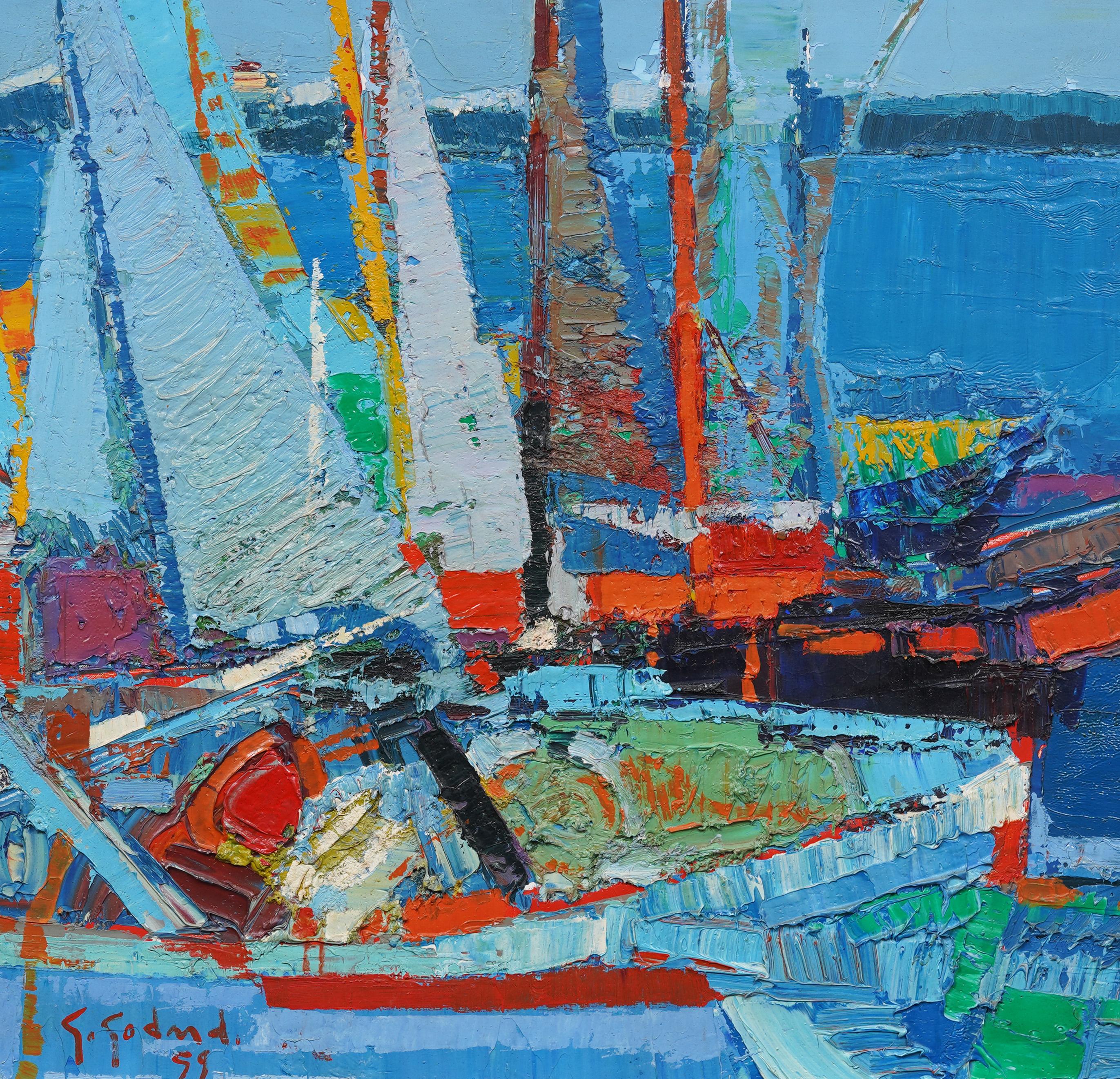 Antique French Riviera Modernist Mediterranean Seascape Signed Boat Oil Painting For Sale 2