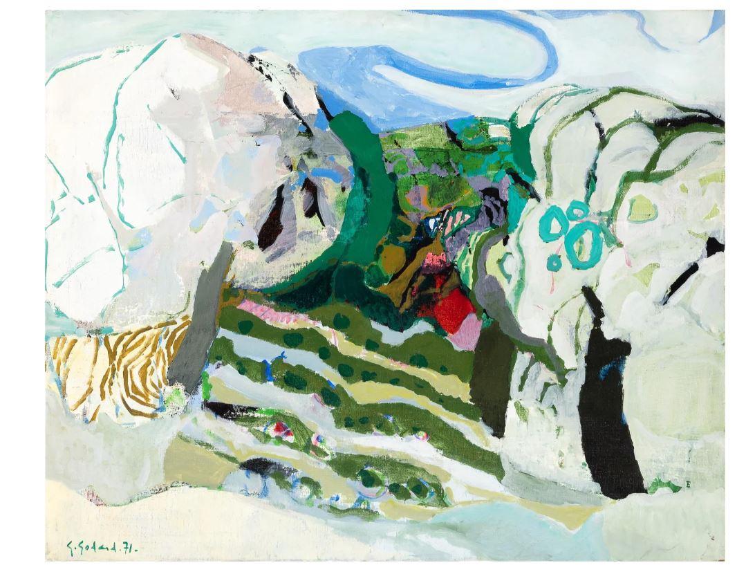 Une peinture abstraite à l'huile sur toile encadrée, signée et datée de 1971 par Gabriel Godard. La peinture est à dominante blanche, bleue et verte.