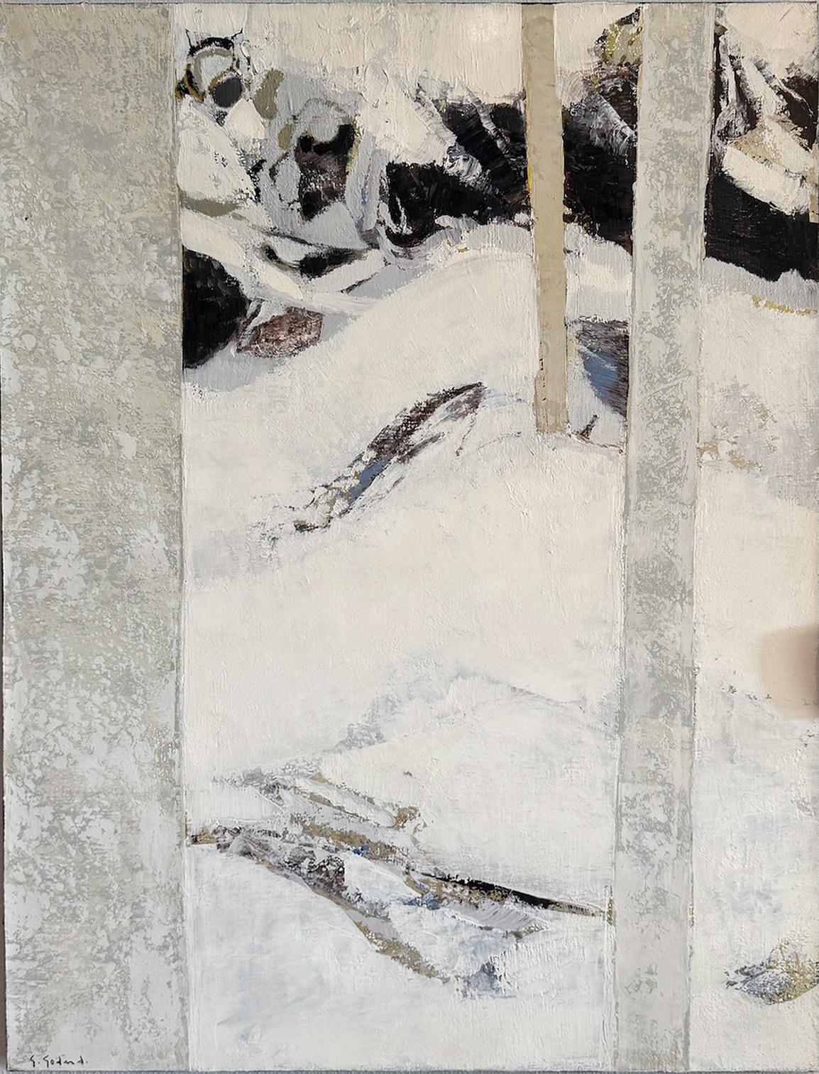 Gabriel Godard (1933-2023)
Neige dans la forêt (Schnee im Wald)
Öl auf Leinwand
H. 39 1/4 × B. 31 3/4 × T. 1 Zoll
(Ungefähr. H. 100 × B. 80 cm)
Ungerahmt

Rückseitig nummeriert mit 75, was wahrscheinlich das Jahr der Ausführung angibt. Godard schuf