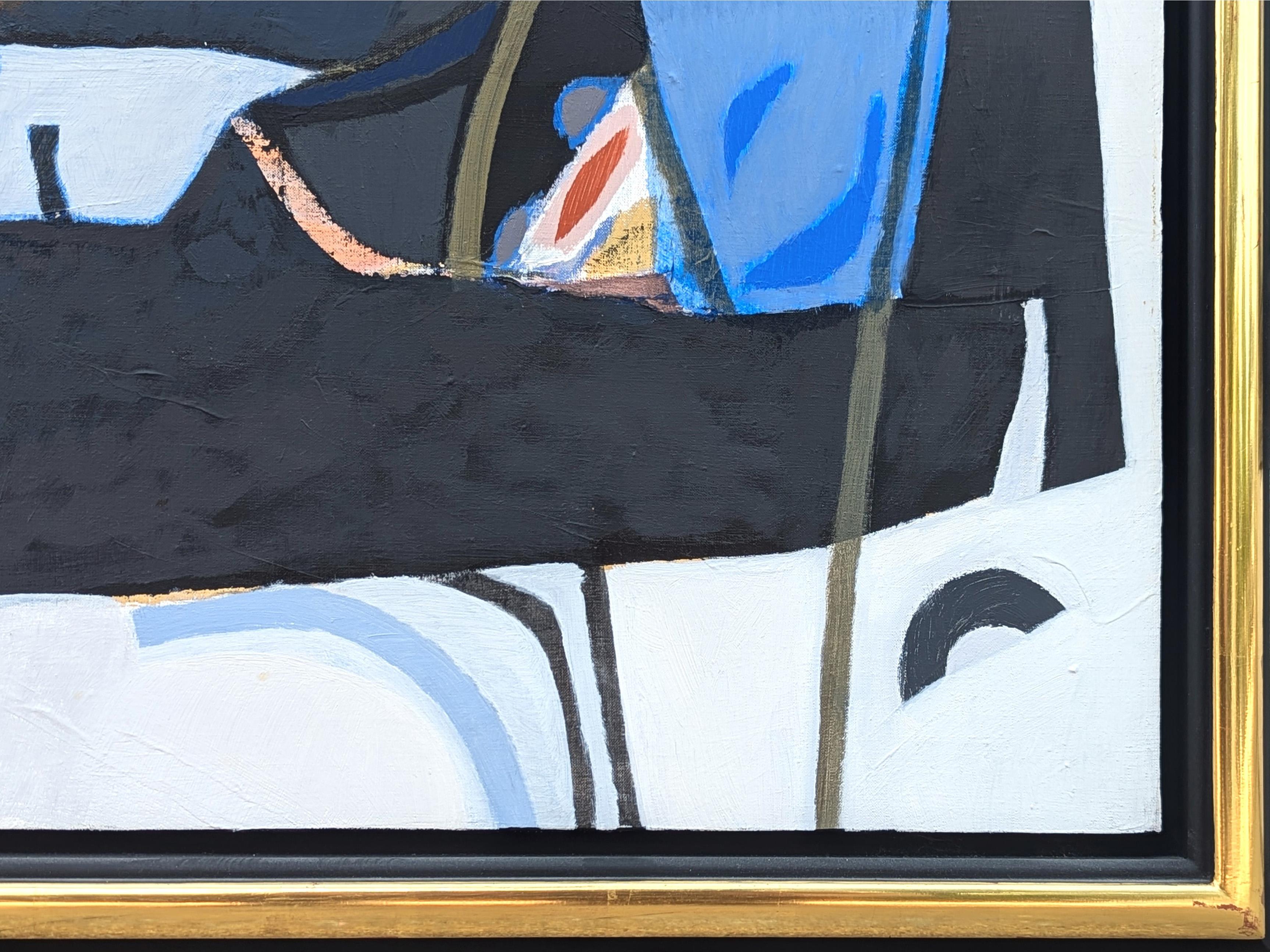 Peinture abstraite moderne aux tons noirs, bleus et orange de l'artiste français Gabriel Godard. L'œuvre présente des couches de formes géométriques aux textures variées. Signé dans le coin inférieur gauche du recto et titré au verso. Elle est