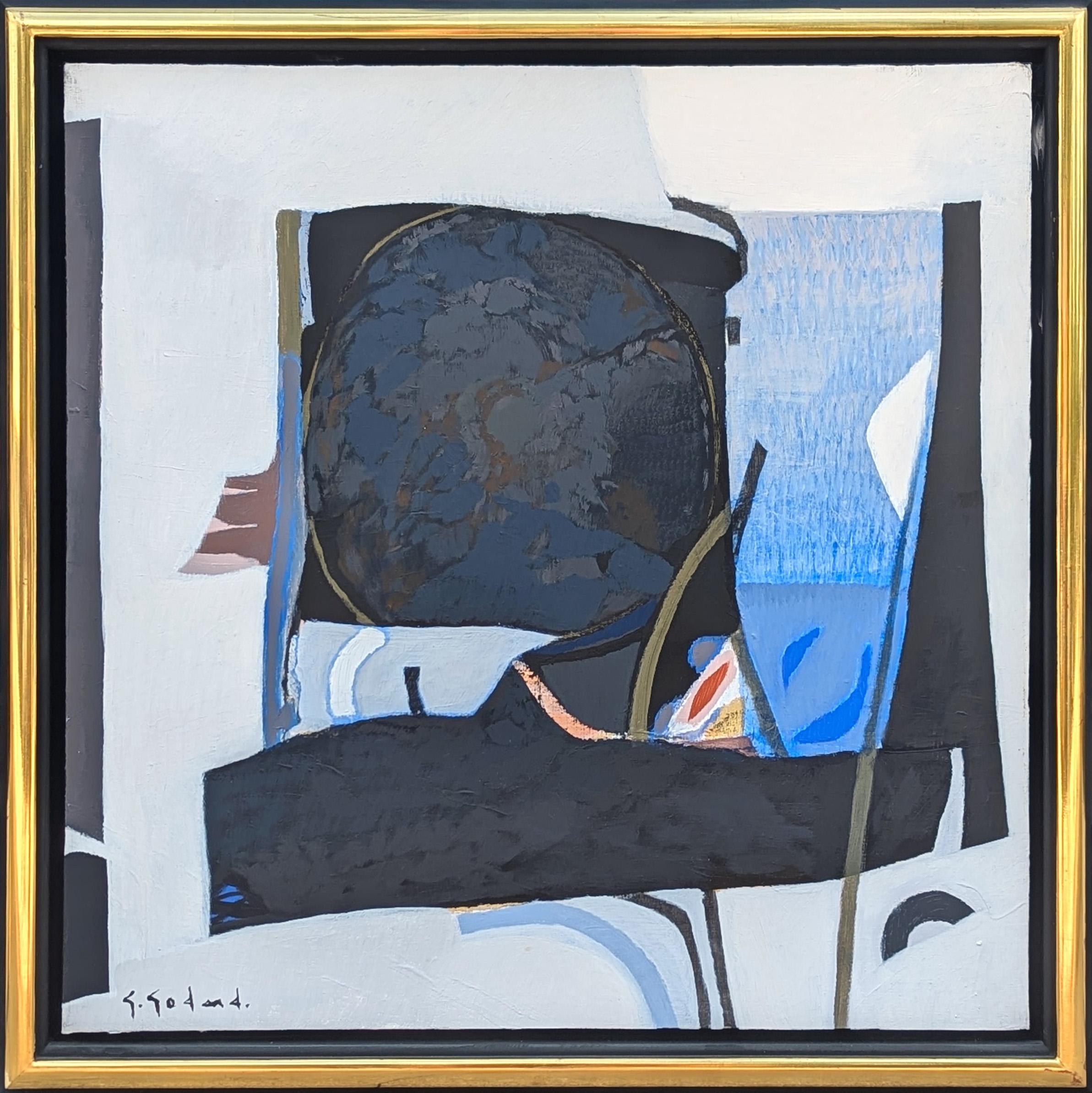 Landscape Painting Gabriel Godard - "Espace Graphique" Peinture abstraite géométrique moderne noire, bleue et orange