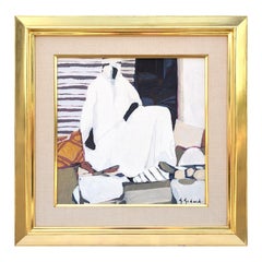 "Petite Merchand" Quadro moderno astratto a toni neutri con figura di mercante seduto