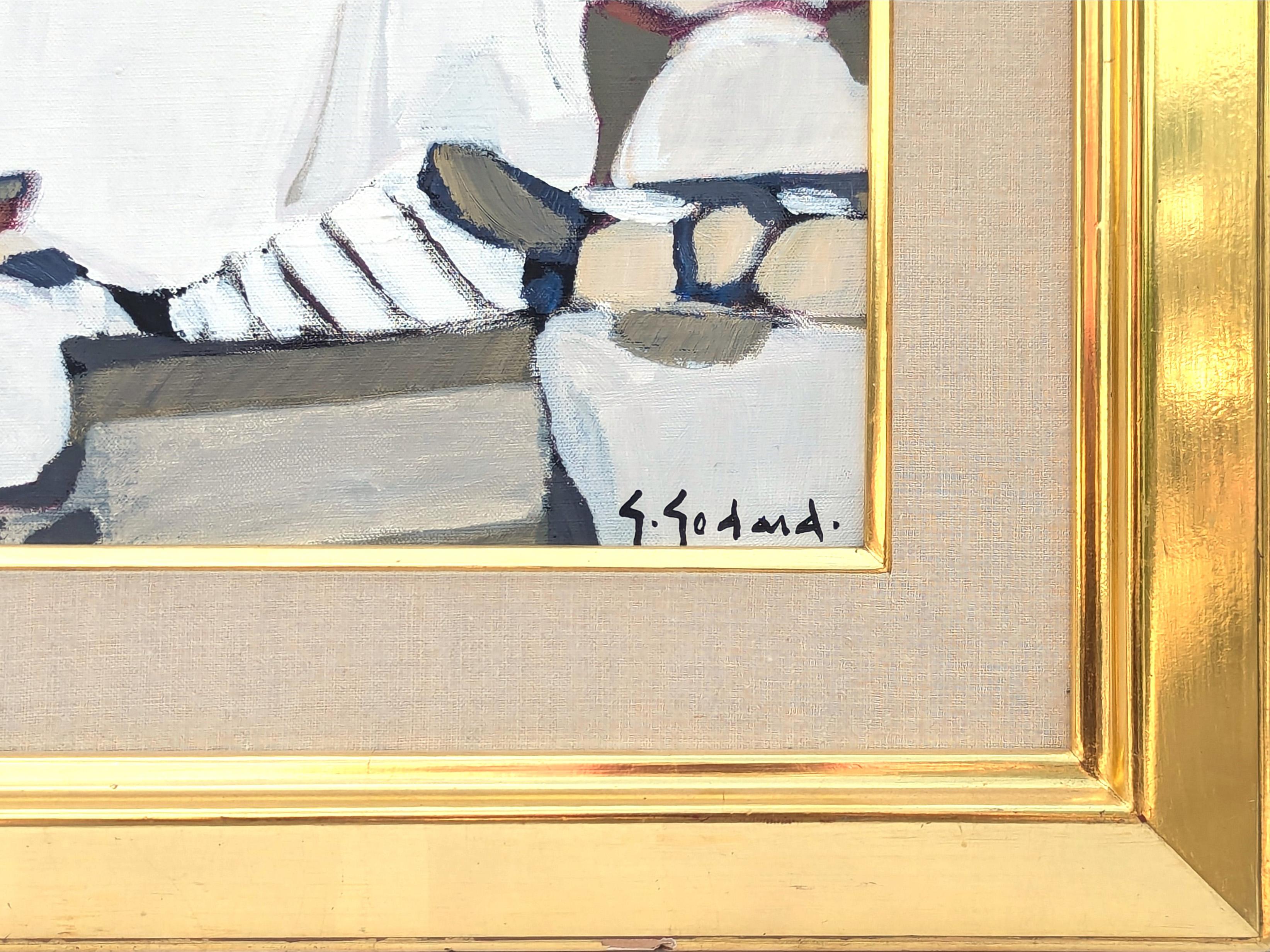 Cuadro abstracto moderno de figura en tonos neutros del artista francés Gabriel Godard. La obra presenta una figura abstracta de mercader vestido con túnicas blancas sentado con sus mercancías. Firmado en la esquina inferior derecha del anverso y