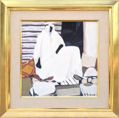 "Petite Merchand" Modern Abstract Neutral Toned Seated Merchant Figure Painting