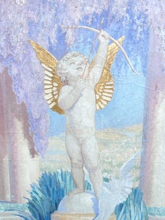 Huge French 1930's Signed Oil Classical Roman Fountain Statue Floral Scene 1933