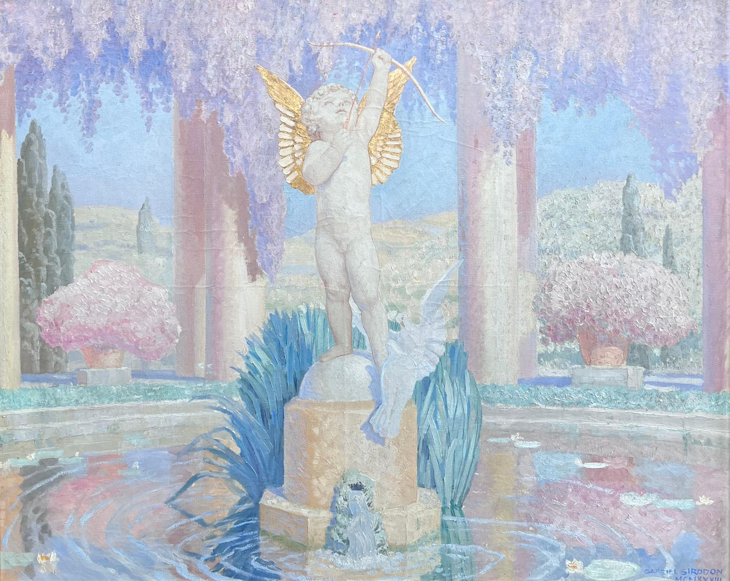 Große französische signierte klassische römische Brunnenstatue, geblümte Szene, Öl, 1930er Jahre, signiert, 1933 (Symbolismus), Painting, von Gabriel Jules-Charles Girodon (1884–1941)