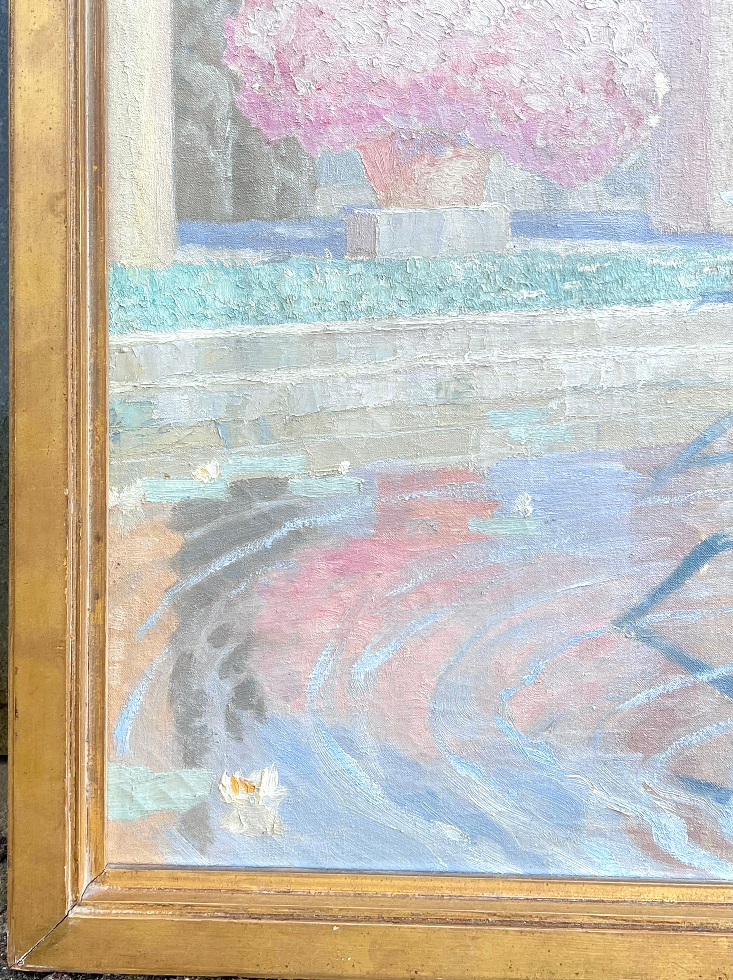 Große französische signierte klassische römische Brunnenstatue, geblümte Szene, Öl, 1930er Jahre, signiert, 1933 (Grau), Landscape Painting, von Gabriel Jules-Charles Girodon (1884–1941)