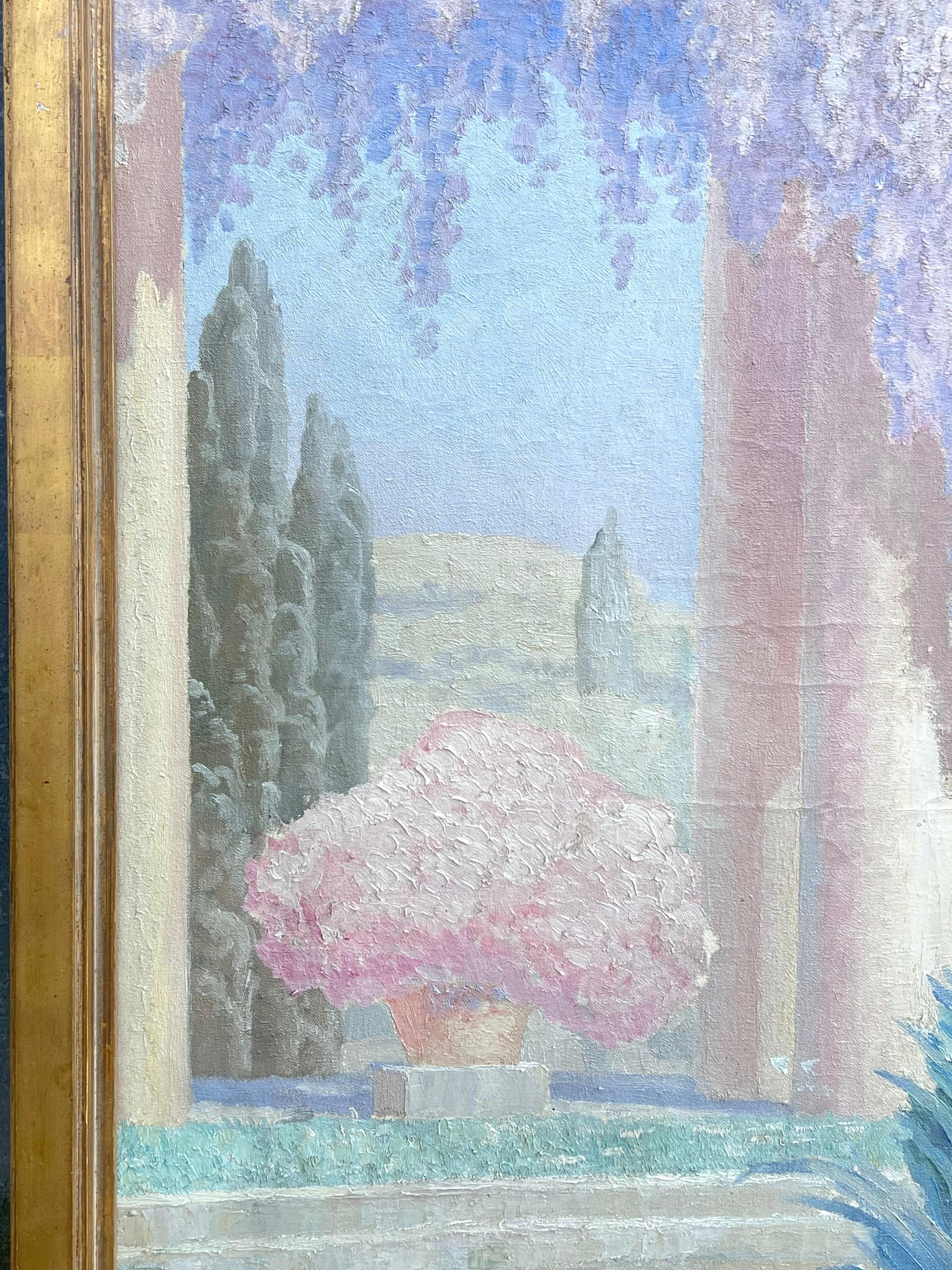 Die römische Statue
von Gabriel Jules-Charles Girodon (französisch, 1884-1941) *siehe Anmerkungen unten
Signiert und datiert 
Ölgemälde auf Leinwand, gerahmt
Gerahmt: 38 x 47 Zoll
Leinwand:  36 x 44 Zoll
Zustand: sehr gut
Provenienz: Privatsammlung,