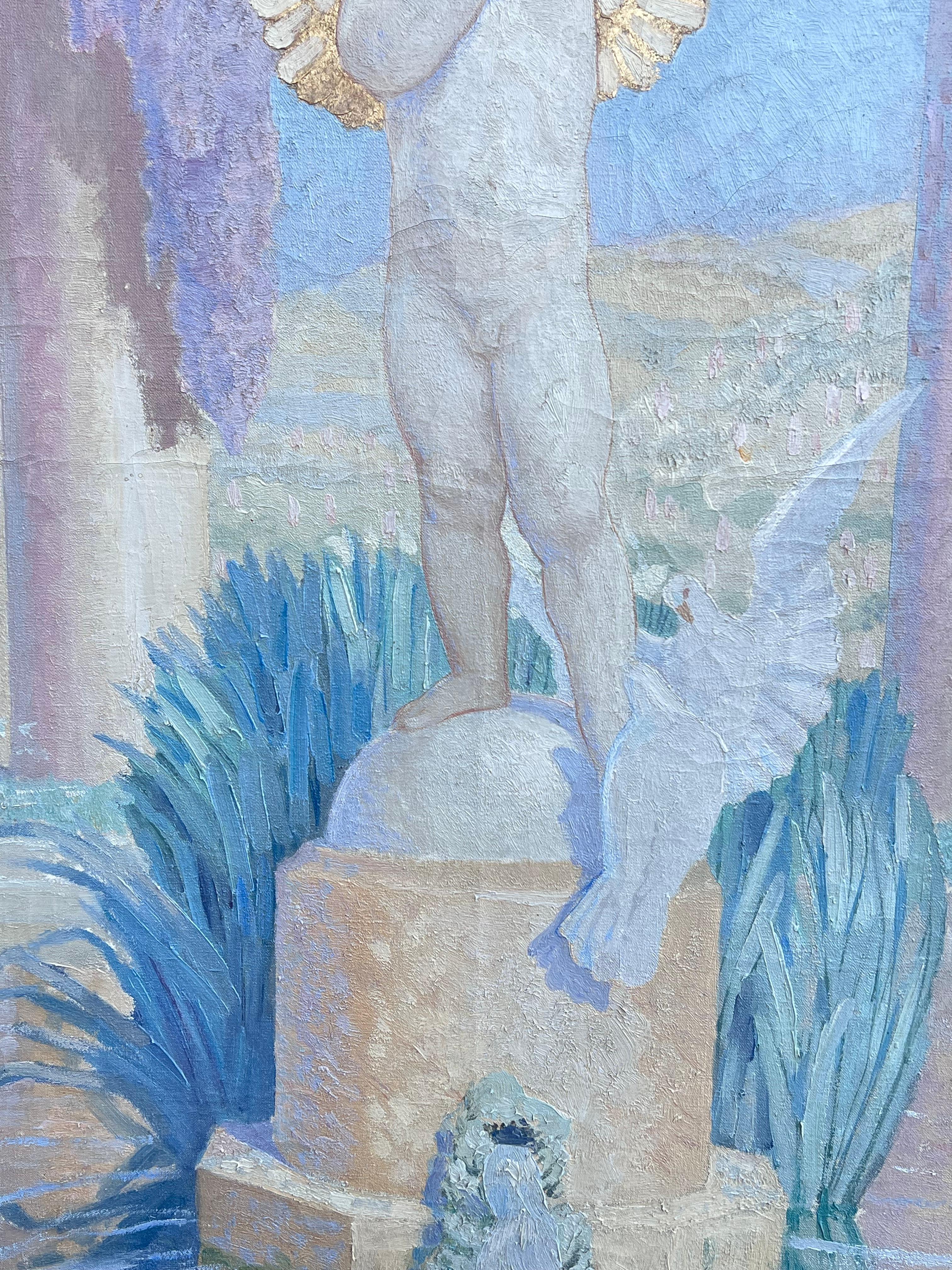 Große französische signierte klassische römische Brunnenstatue, geblümte Szene, Öl, 1930er Jahre, signiert, 1933 im Angebot 2