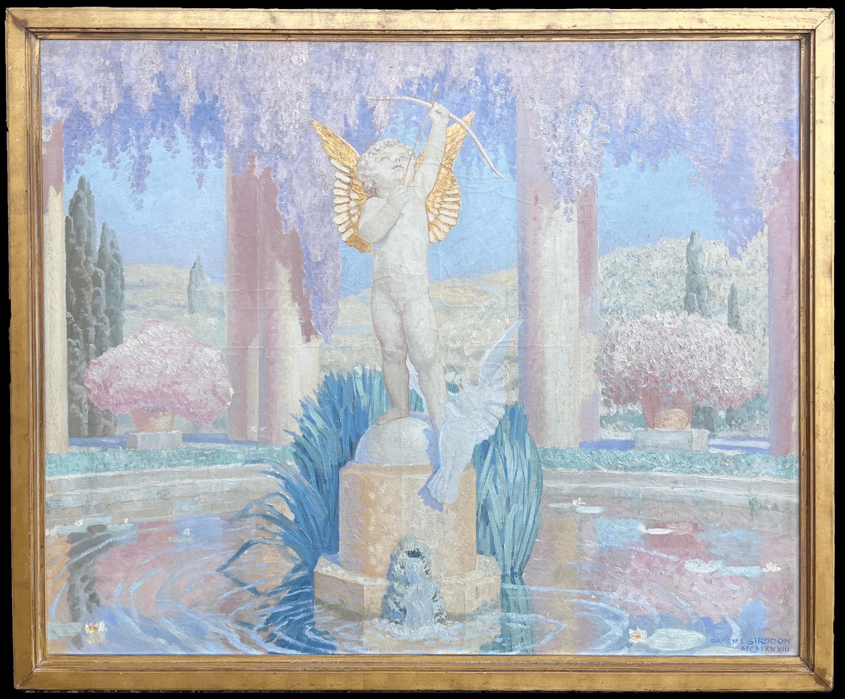 Enorme olio francese degli anni '30 firmato Statua di fontana classica romana Scena floreale 1933
