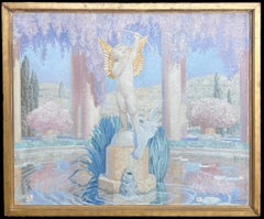 Huge French 1930's Signed Oil Classical Roman Fountain Statue Floral Scene 1933