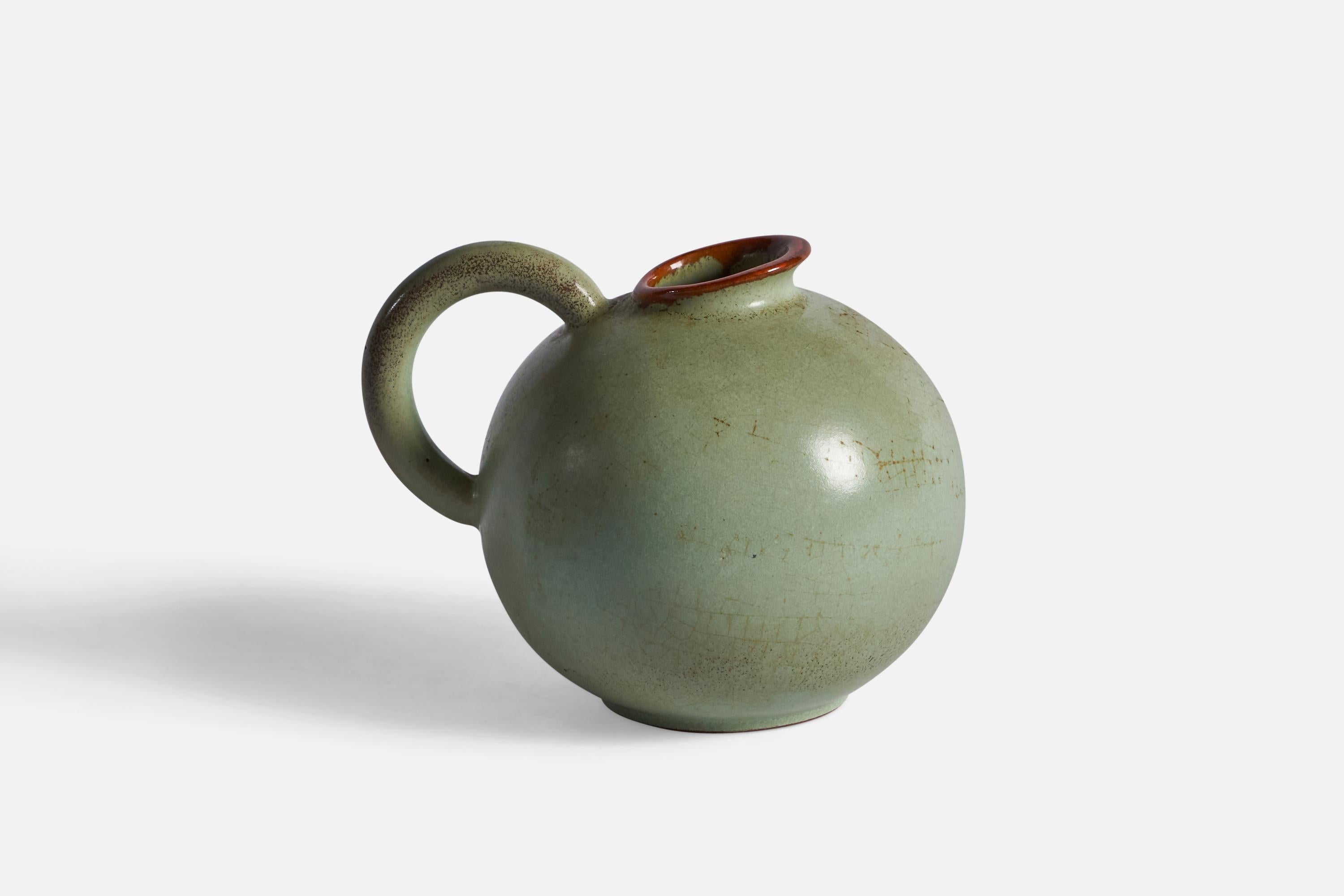 A green-glazed earthenware pitcher or vase, designed and produced by Gabriel Keramik, Sweden, c. 1930s.