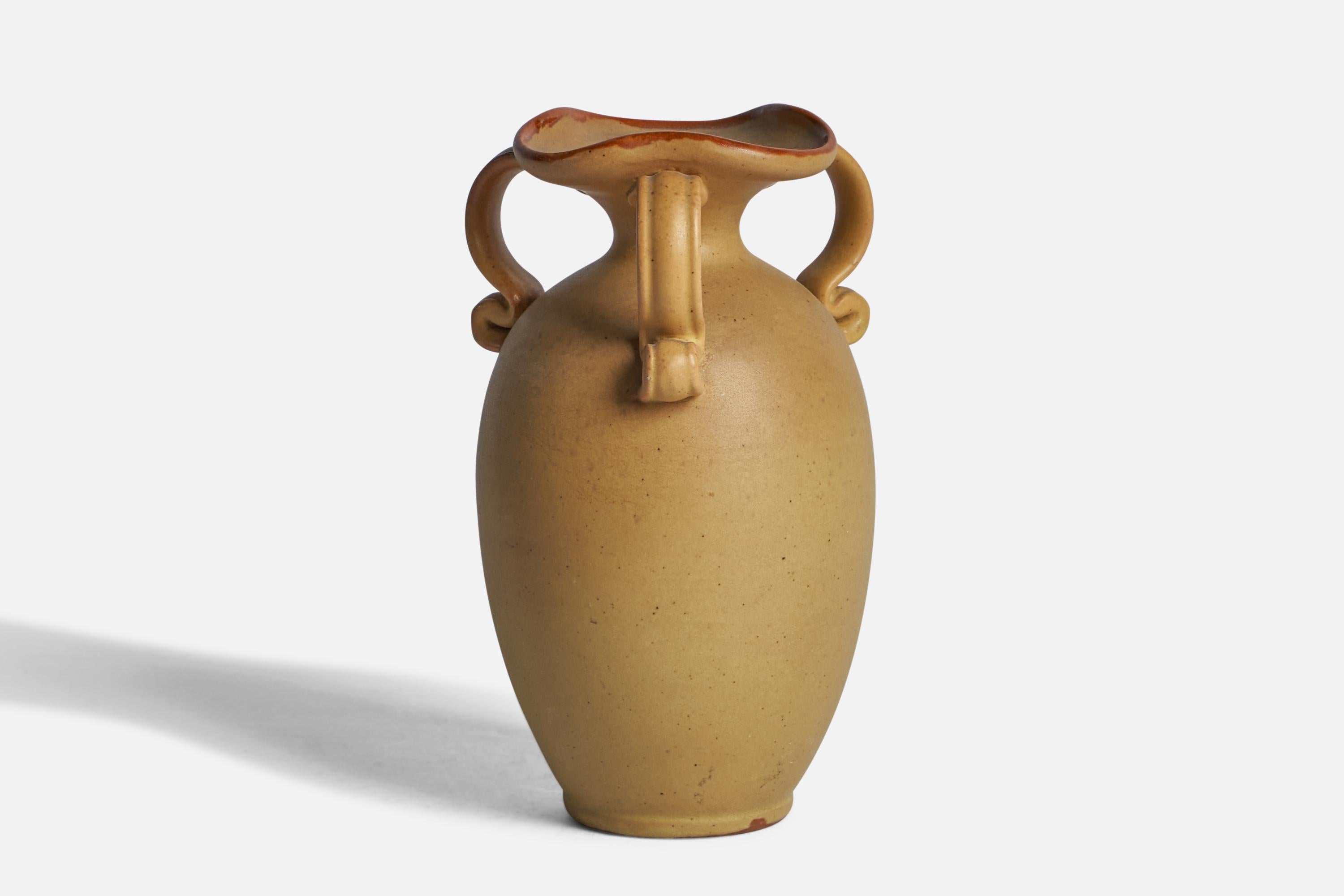 A yellow and brown-glazed earthenware vase designed and produced by Gabriel Keramik, Sweden, 1930s.