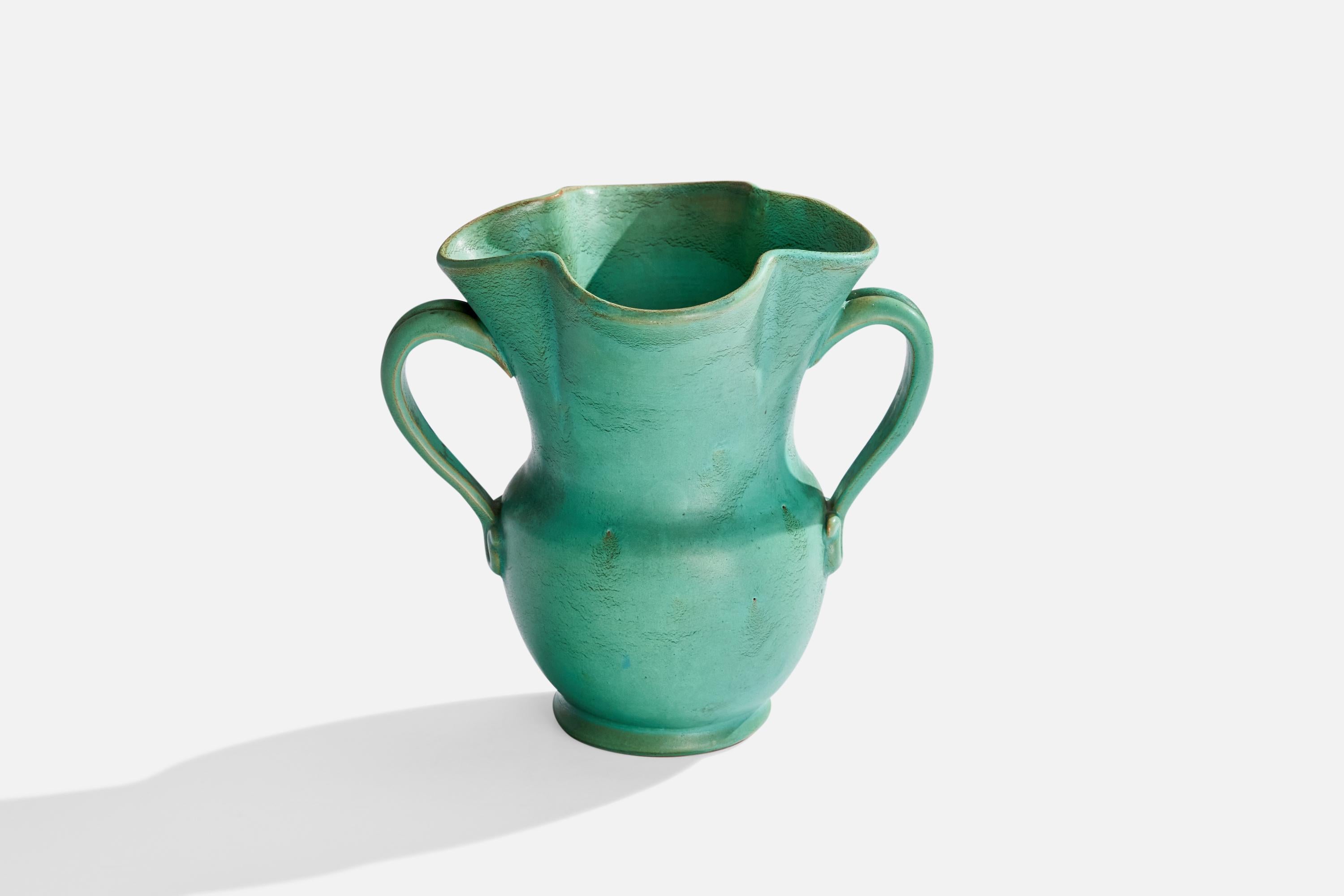 A green-glazed earthenware vase designed and produced by Gabriel Keramik, Sweden, 1930s.