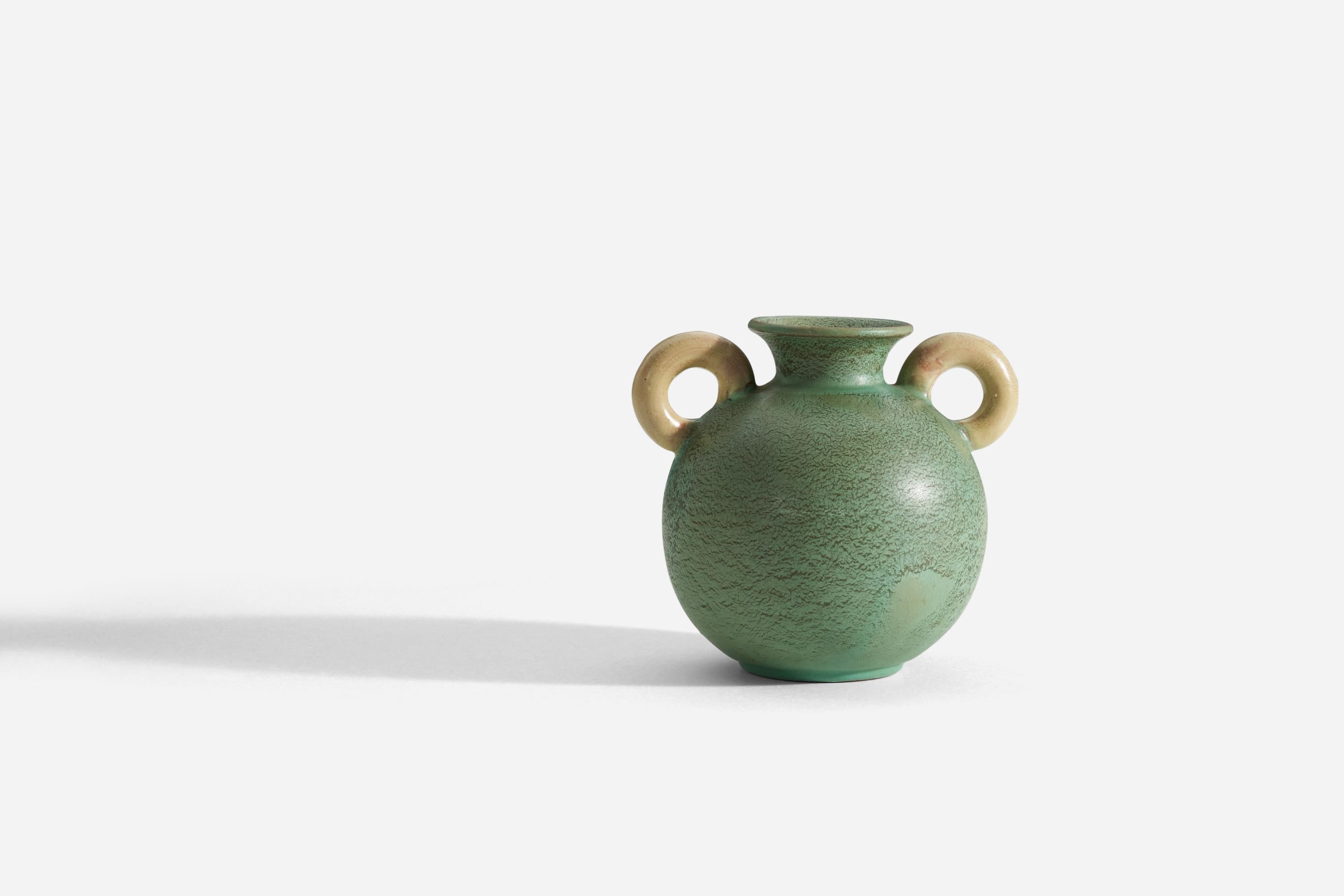 A green-glazed earthenware vase with yellow-cream handles, designed and produced by Gabriel Keramik, Sweden, c. 1930s-1940s.