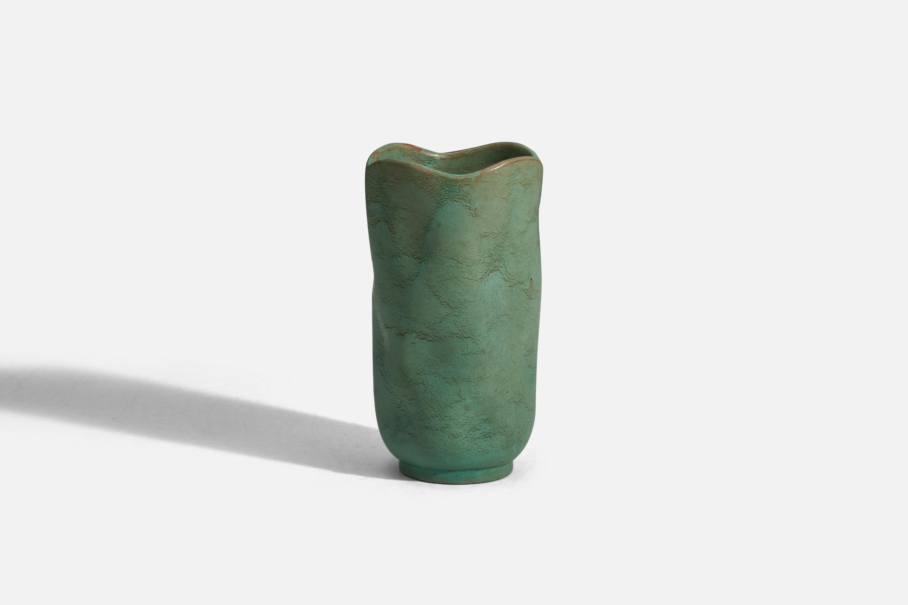 A green glazed earthenware vase designed and produced by Gabriel Keramik, Sweden, 1940s.