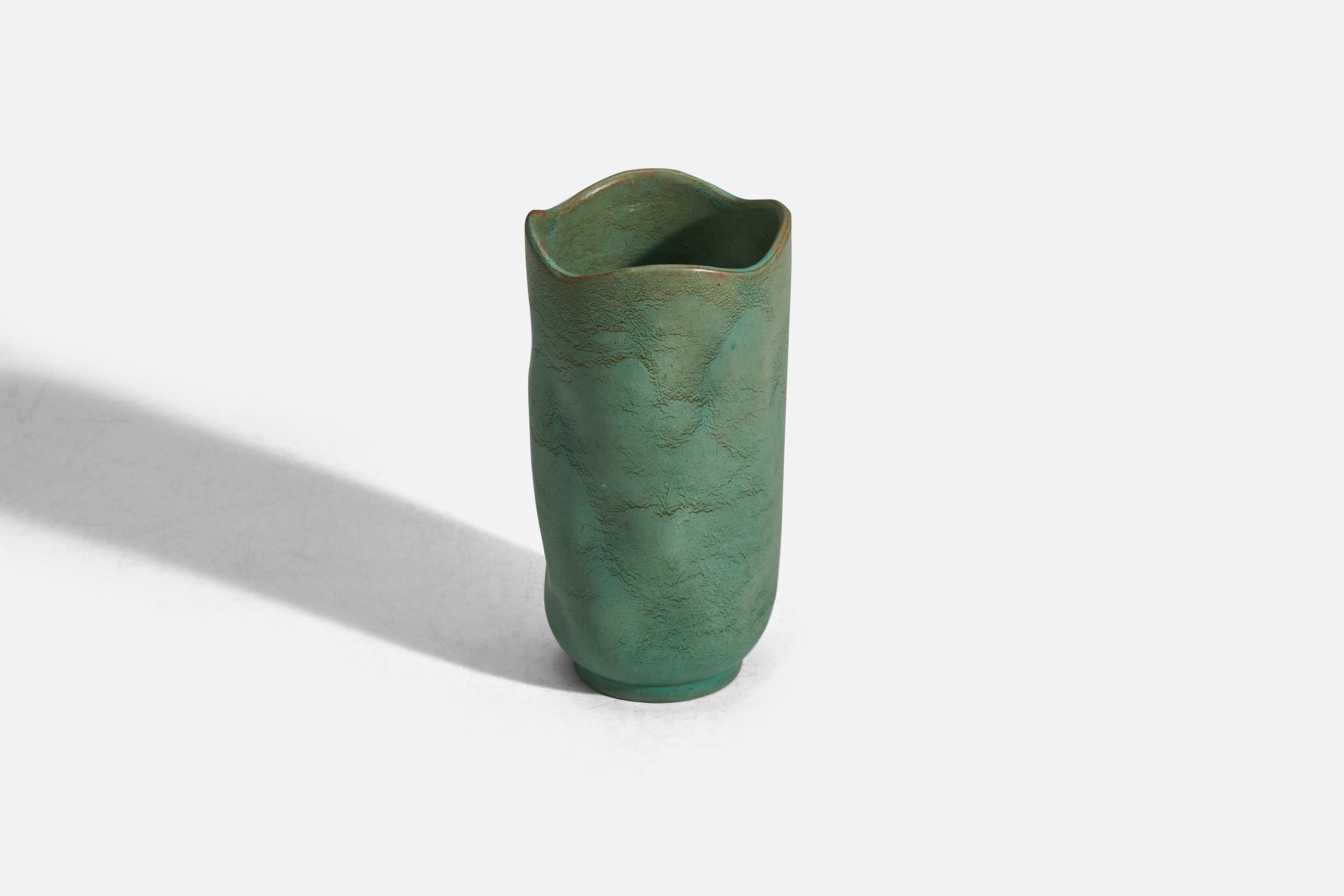 Scandinavian Modern Gabriel Keramik, Vase, Green Glazed Earthenware, Sweden, 1940s For Sale