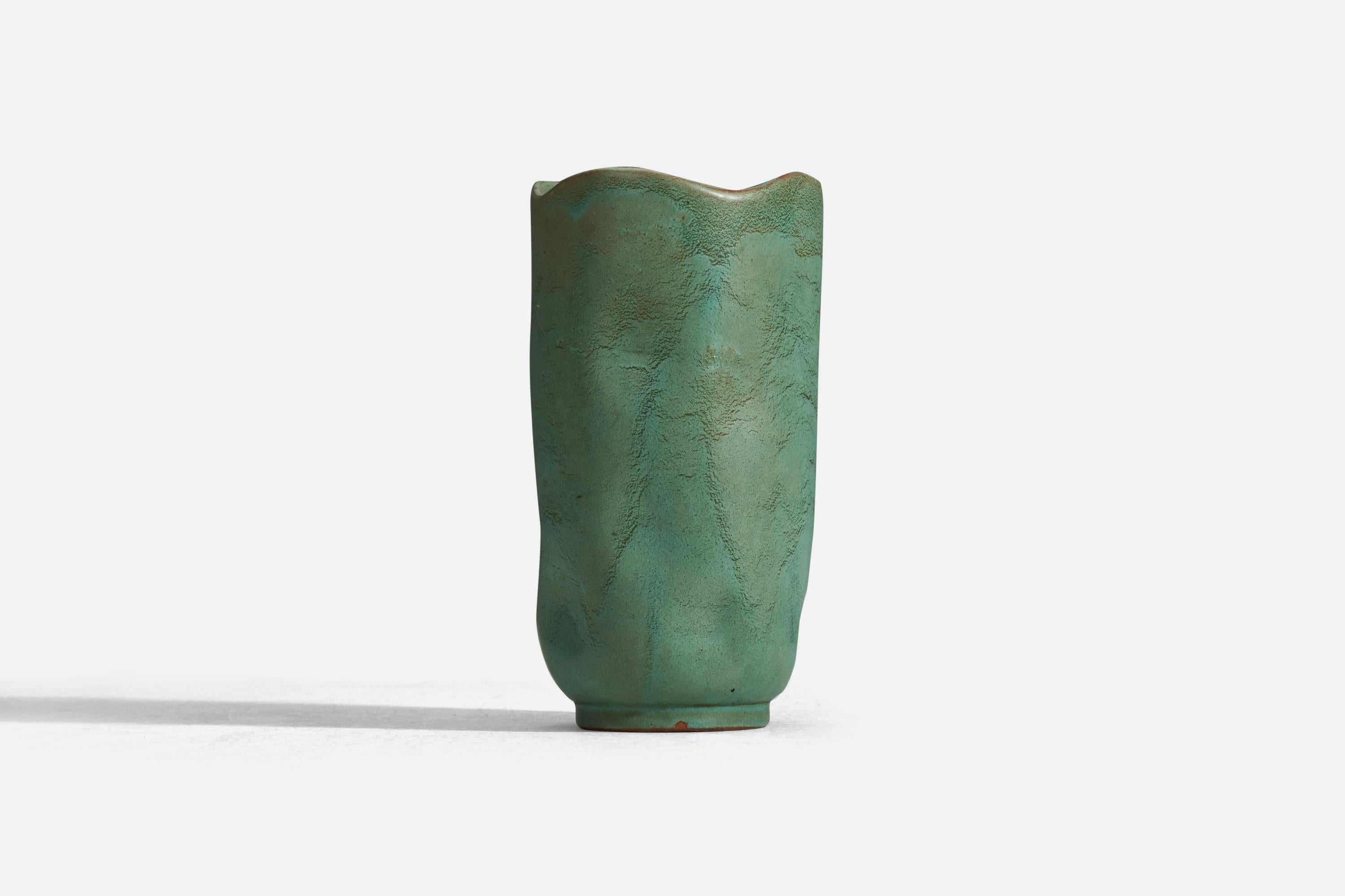 Swedish Gabriel Keramik, Vase, Green Glazed Earthenware, Sweden, 1940s For Sale