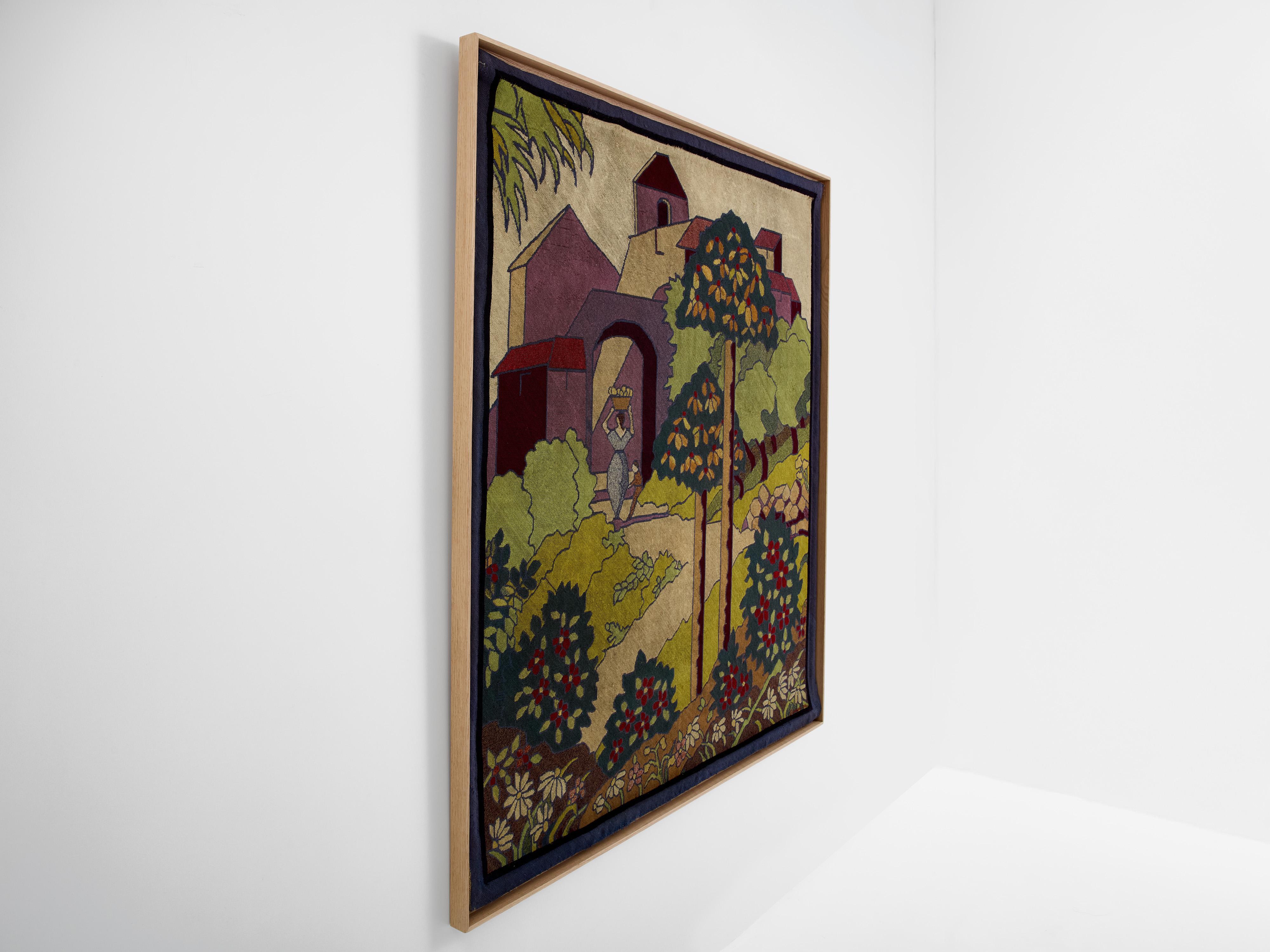 French artist Gabriel Laneyrie made this petit-point needlework panel in Paris in 1934, named La porteuse d’eau, The water bearer.  The tapestry displays a beautiful France province scene of a countryside village. Pastel colors like lilac, soft