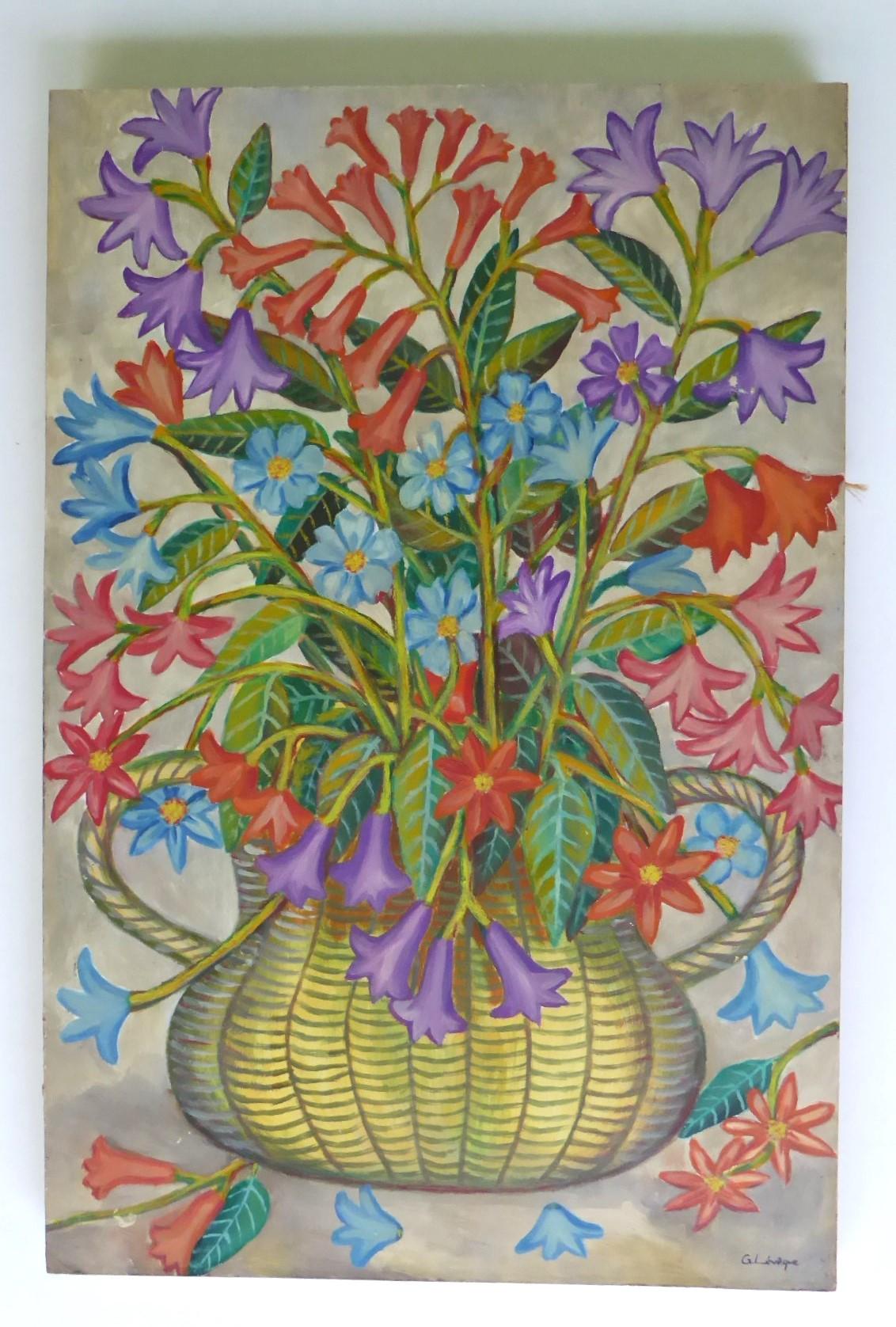 Bellissimo dipinto a olio/masonite del noto artista haitiano Gabriel Lévéque, risalente alla metà del secolo scorso, raffigurante un vaso con una bella decorazione floreale.  An He ha sfruttato l'intera superficie ricoprendola con fiori colorati e