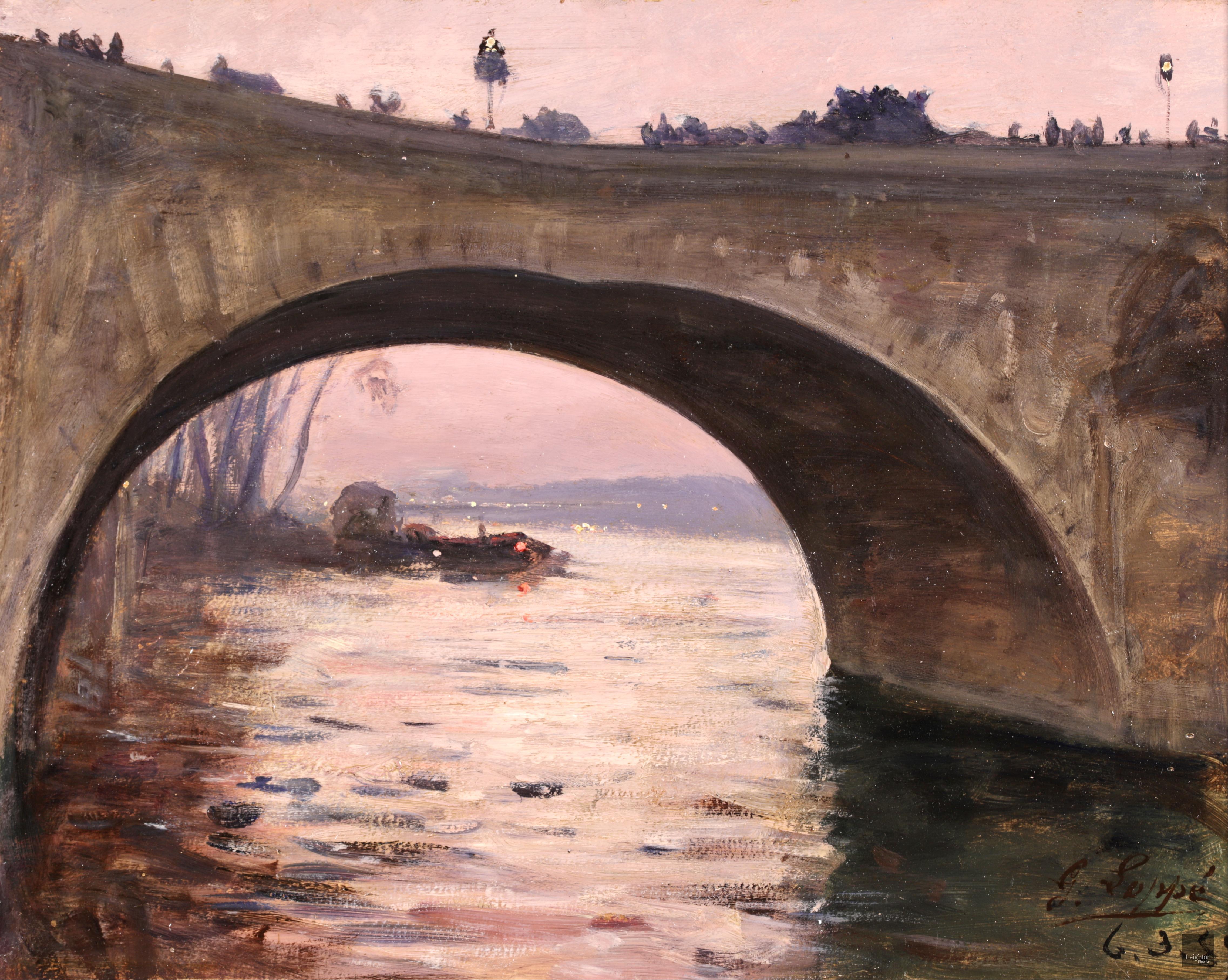 Below the Pont Marie - Paris 1889, Impressionist Oil Riverscape by Gabriel Loppe - Painting by Gabriel Loppé