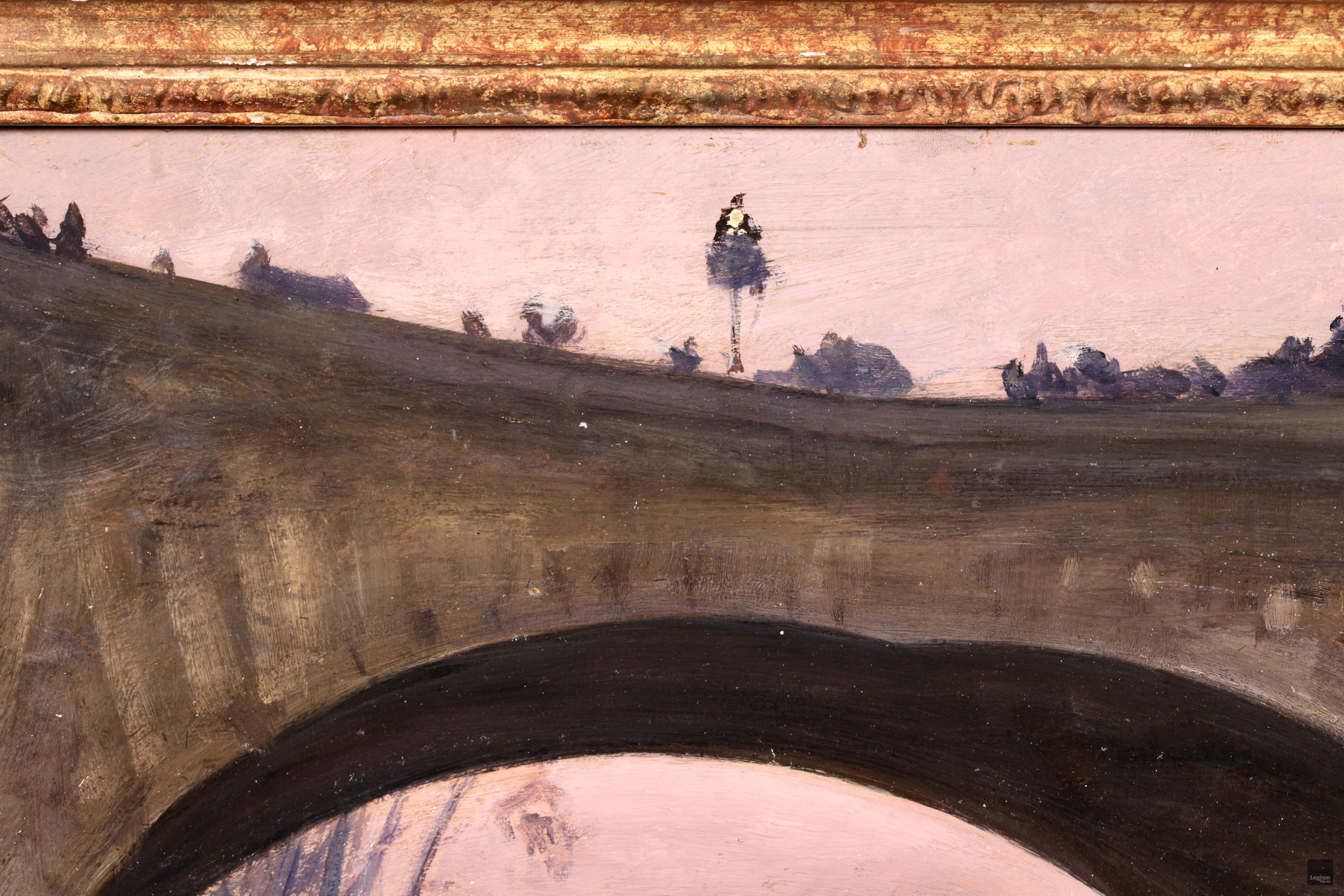 En dessous du Pont Marie - Paris 1889, paysage de rivière impressionniste à l'huile de Gabriel Loppe - Beige Figurative Painting par Gabriel Loppé