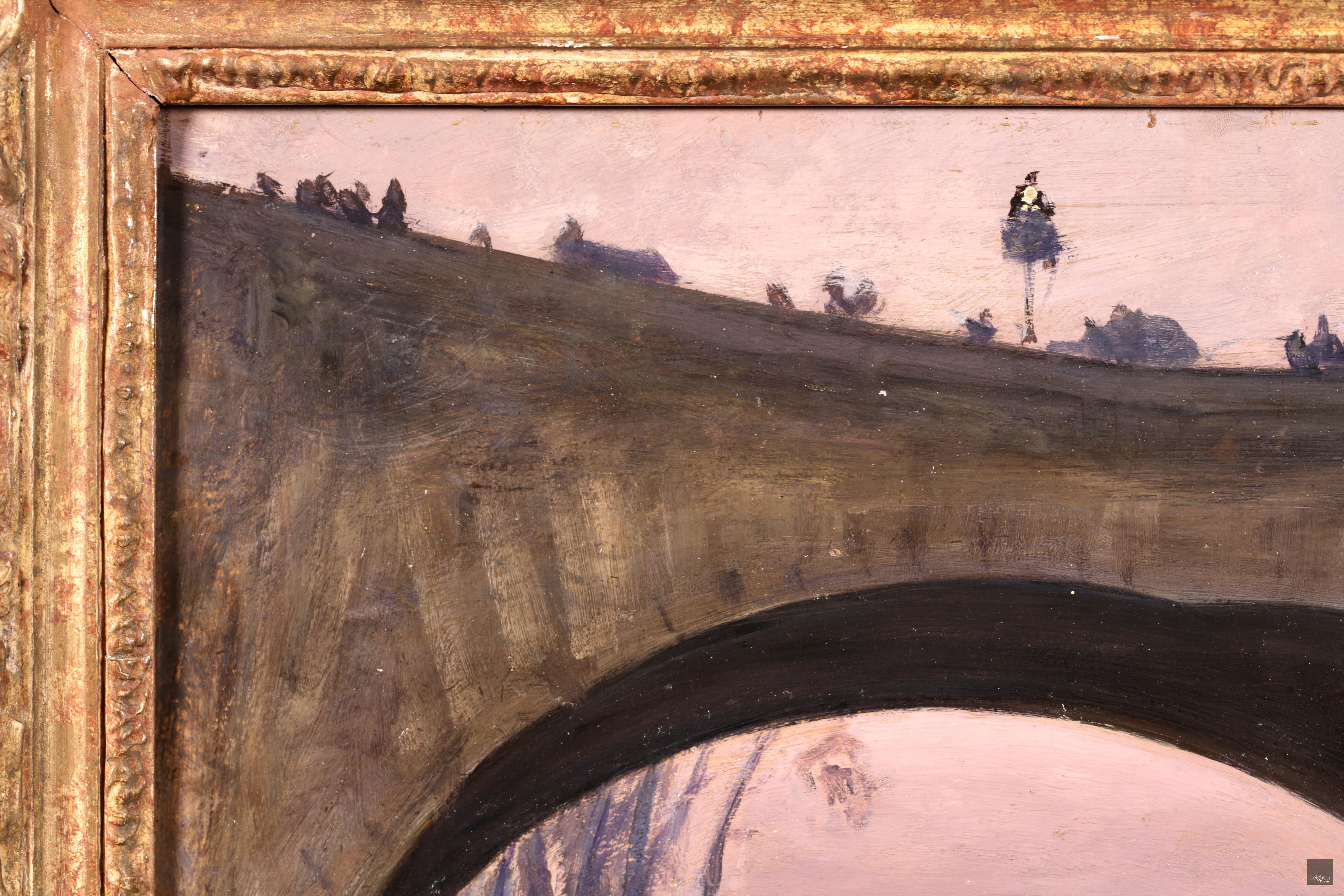 Huile impressionniste sur carton, signée et datée 1889, représentant un paysage fluvial, par le peintre, photographe et alpiniste français Gabriel Loppe. L'œuvre représente une vue de piétons traversant le pont Marie, qui enjambe la Seine à Paris,