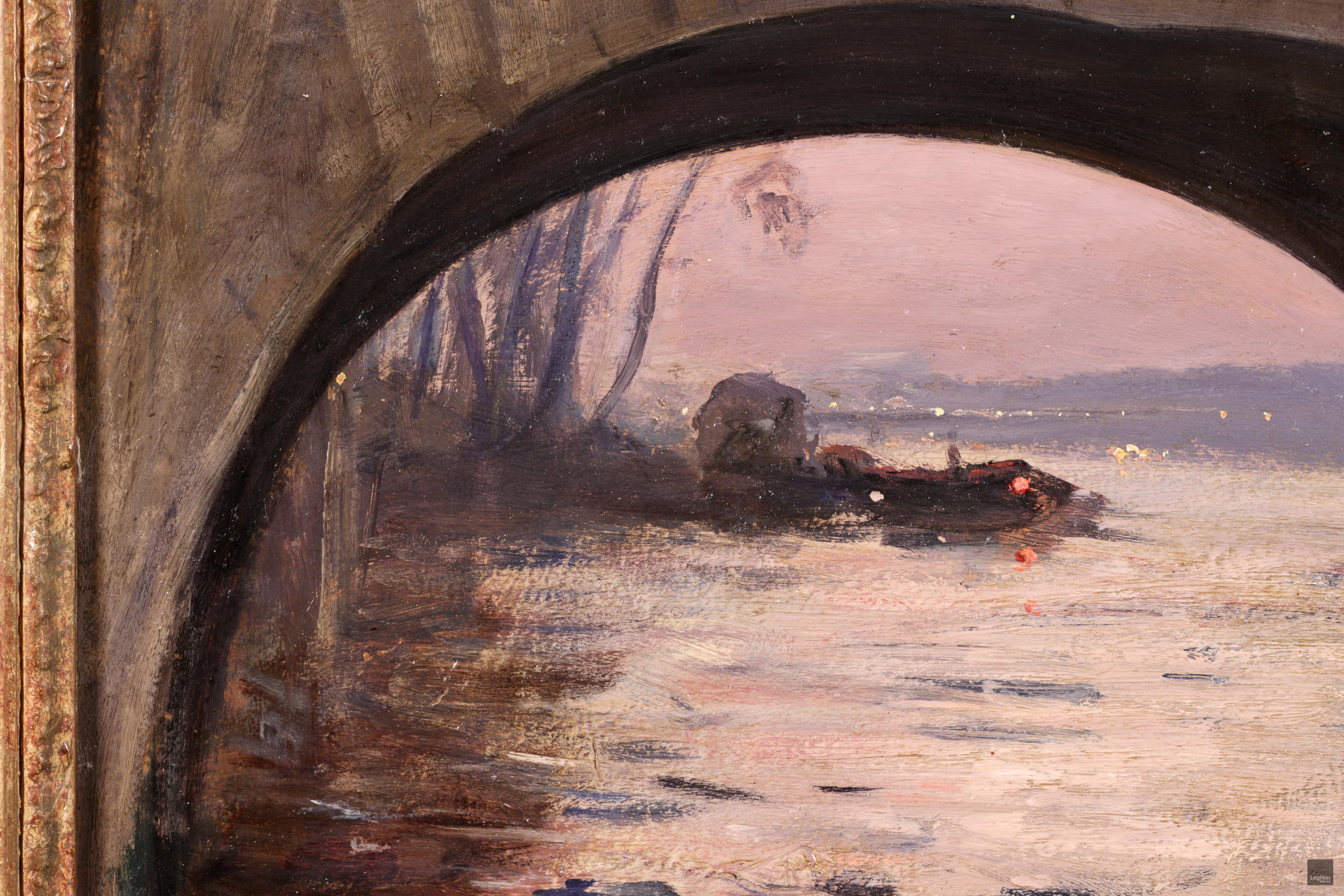 Signed and dated 1889 impressionist oil on board riverscape by French painter, photographer and mountaineer, Gabriel Loppe. The work depicts a view of pedestrians crossing the Pont Marie bridge over the River Seine in Paris on a cool winter