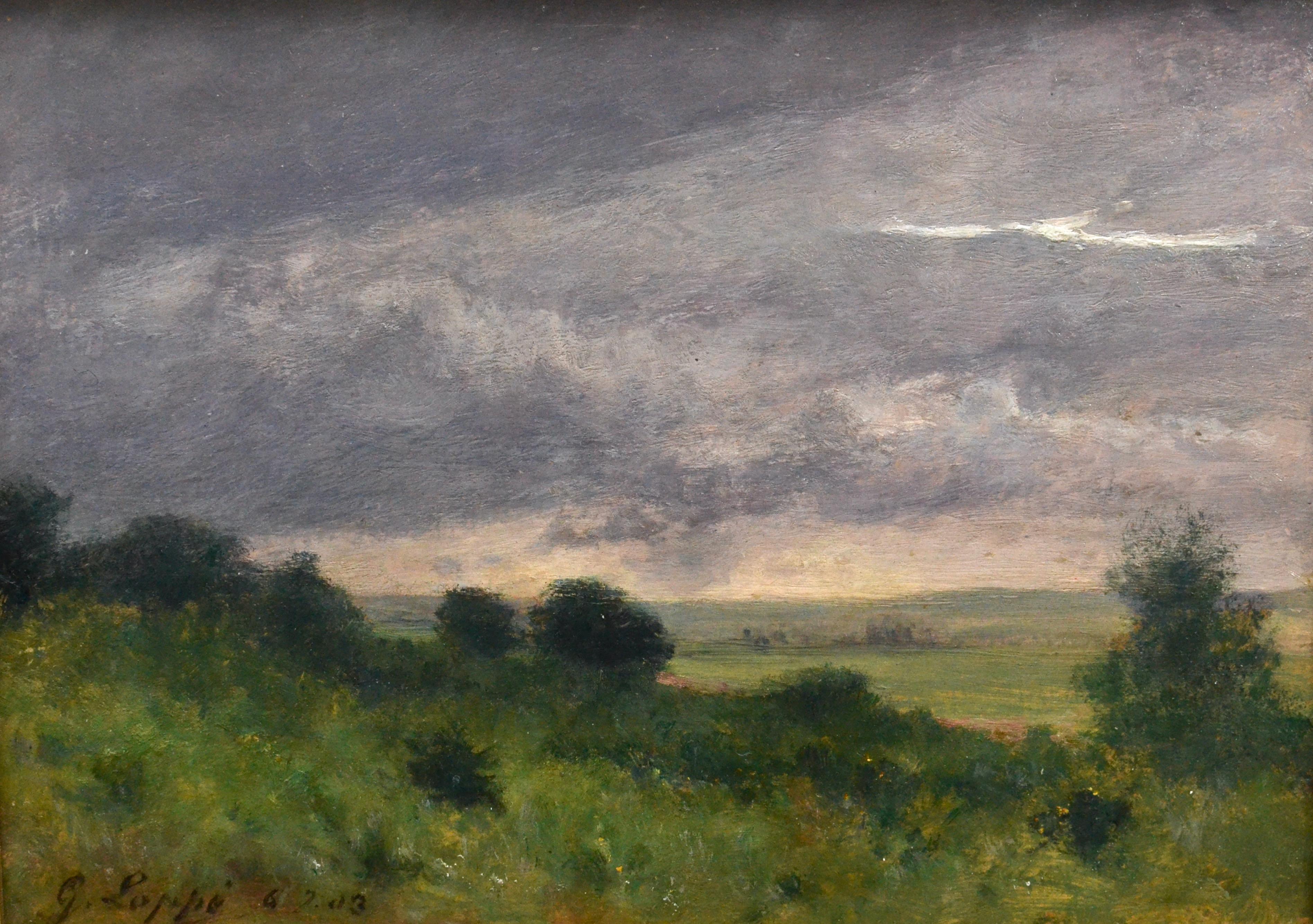 Un paesaggio accattivante che cattura i dintorni di Harrogate, in Inghilterra, con la città visibile in lontananza, dipinto in situ, a plein air. Firmato G. Loppé, datato 06.07.03. Dipinto su cartone, con scritta 