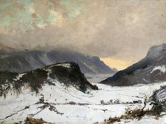 Le coucher de soleil à Chamoix - Les Alpes - Huile du XIXe siècle:: paysage de montagne par G Loppe