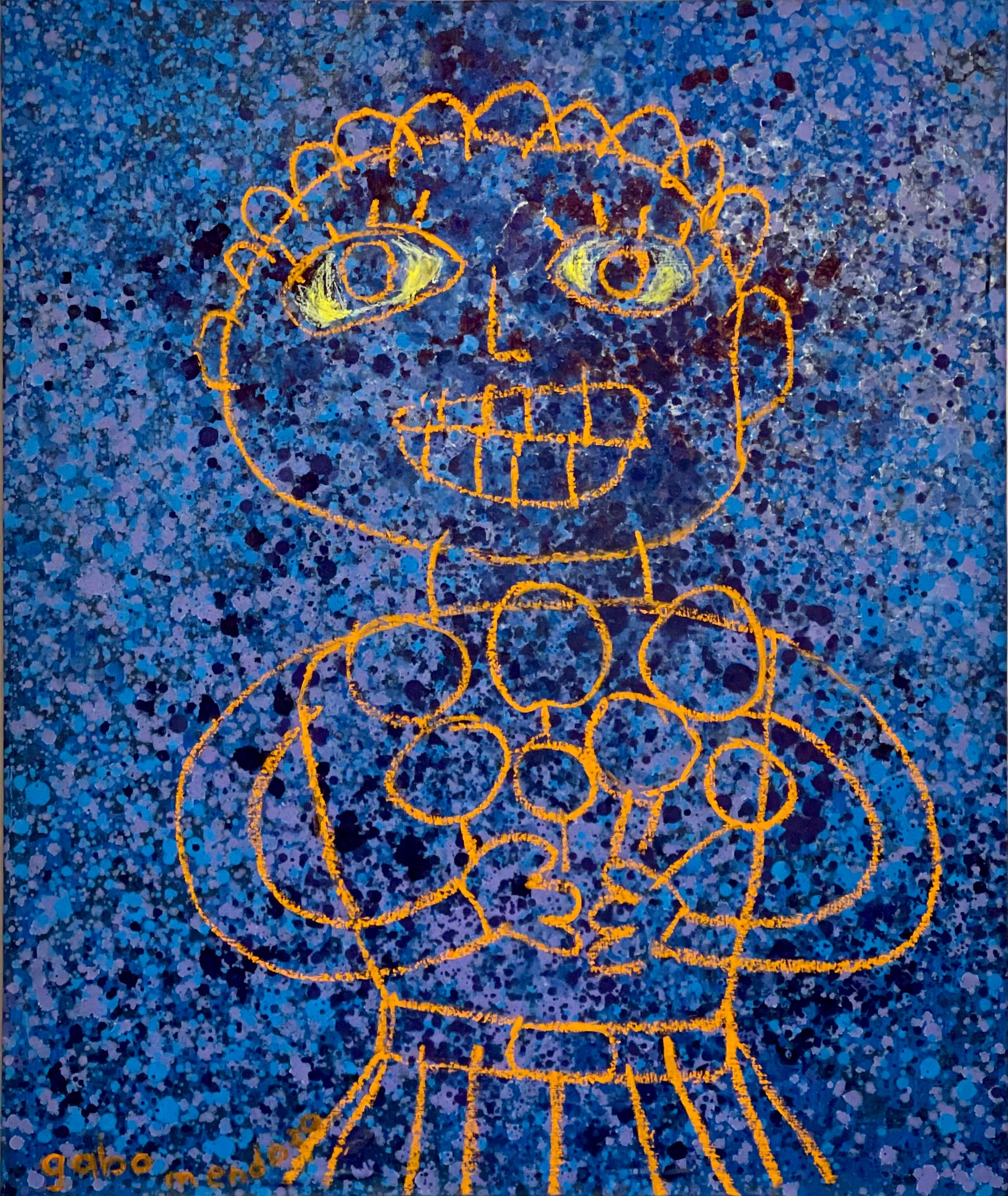 Gabriel Mendoza Figurative Painting – Orangefarbenes Mädchen mit Blumen