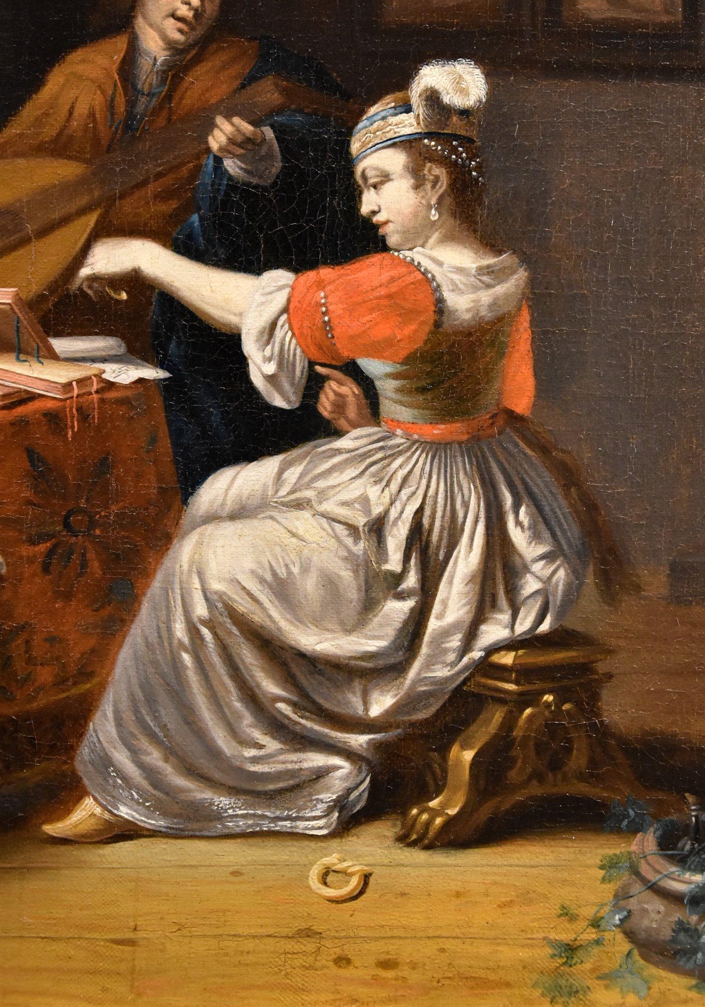 Joueur de luth Musique Metsu 18ème siècle Peinture Huile sur toile Ancien maître Art flamand - Marron Figurative Painting par Gabriel Metsu (Leiden, 1629 – Amsterdam, 1667)