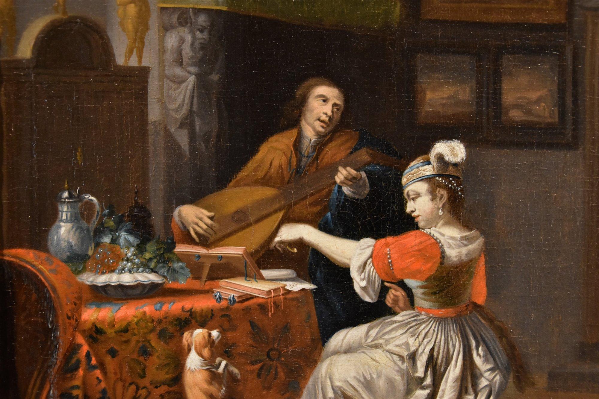 Joueur de luth Musique Metsu 18ème siècle Peinture Huile sur toile Ancien maître Art flamand en vente 1