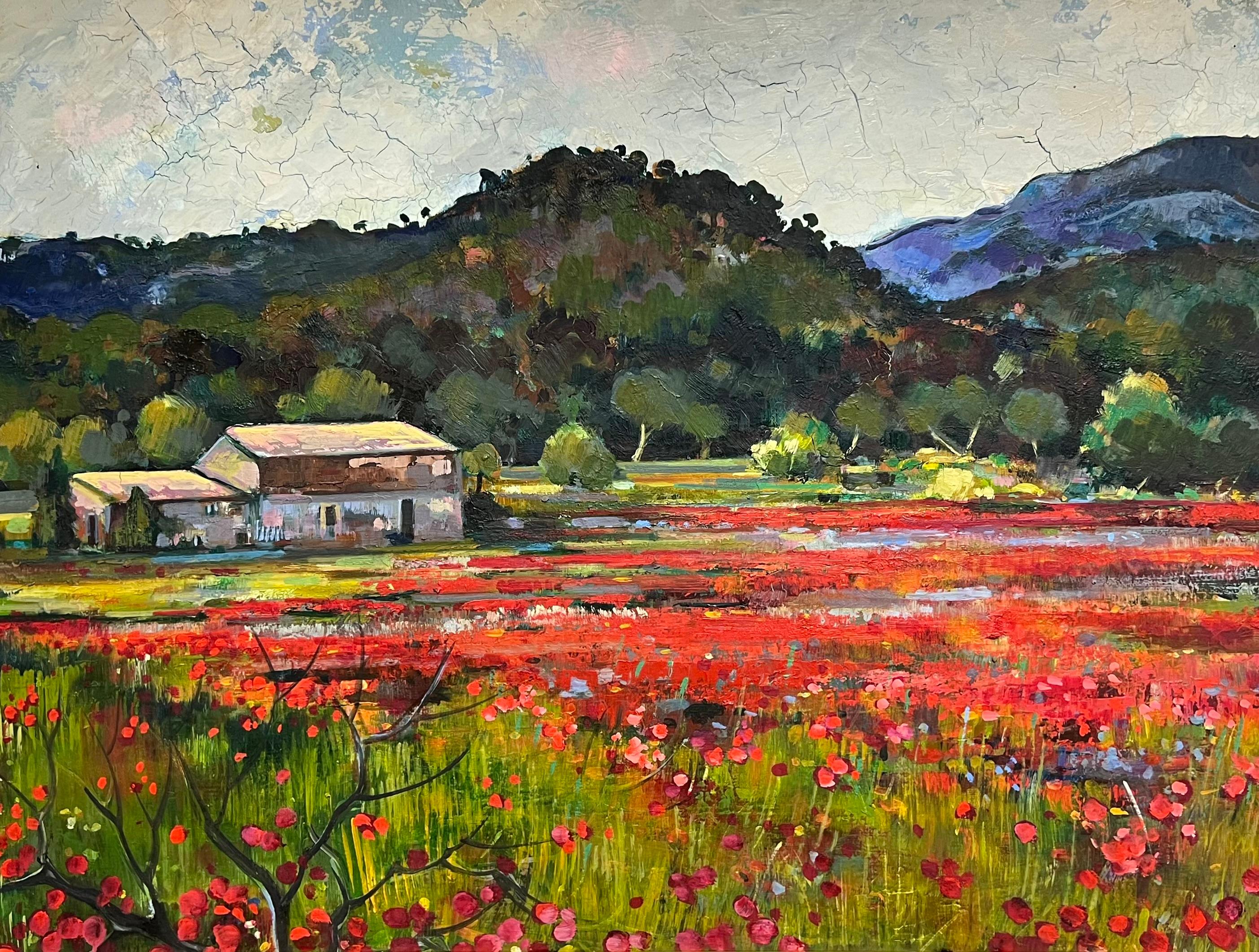 Gran óleo francés postimpresionista Campos de amapolas en Provenza - Painting Posimpresionista de Gabriel Mouton